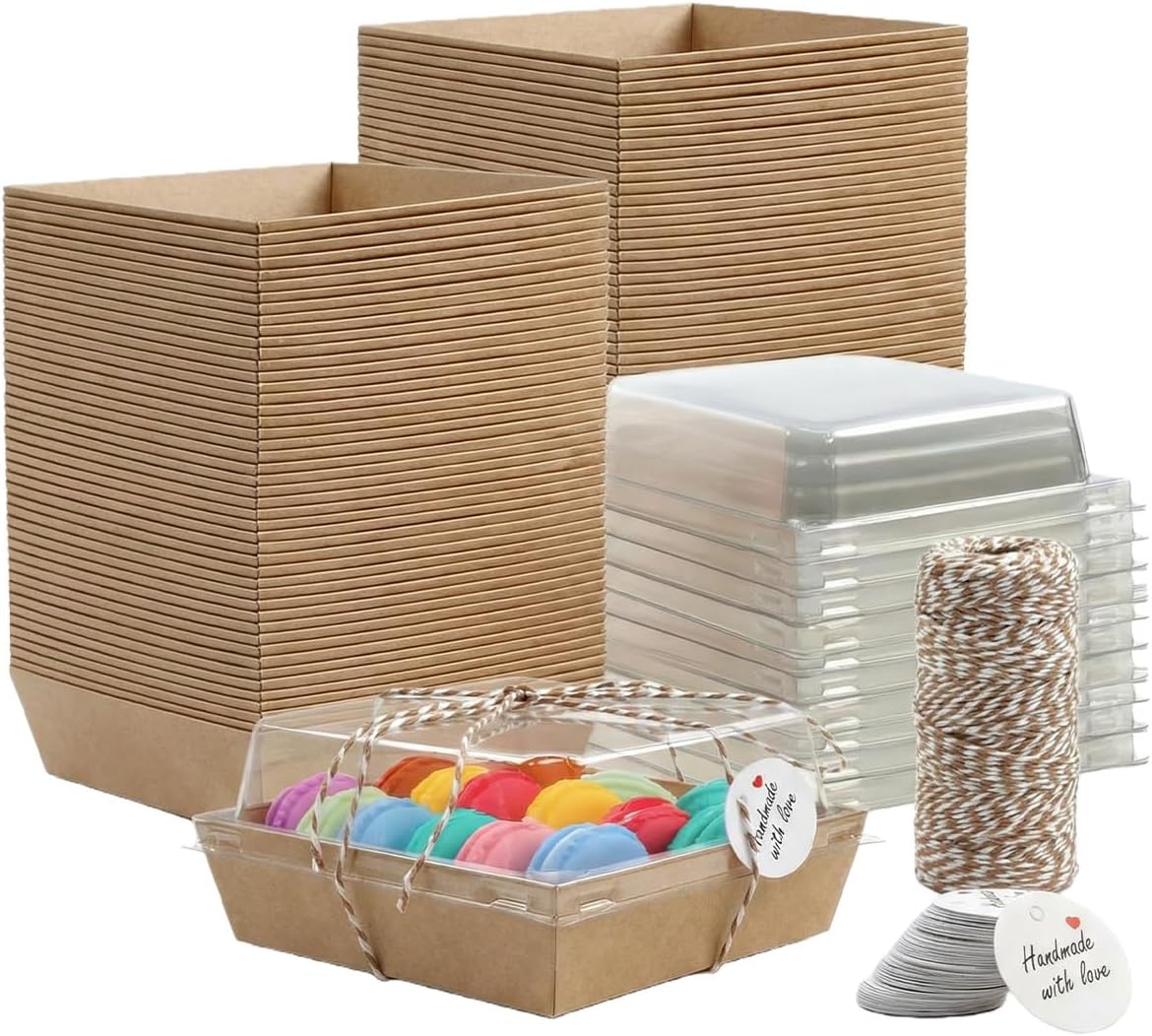 Cake Boxes with Lids & Tie Rope, 100 Pack Charcuterie Boxes, Dessert Boxes, Pastry Boxes, Cupcake Boxes, Paper Food Containers for Take Out, Parties, Picnics & Afternoon Treats (Kraft)