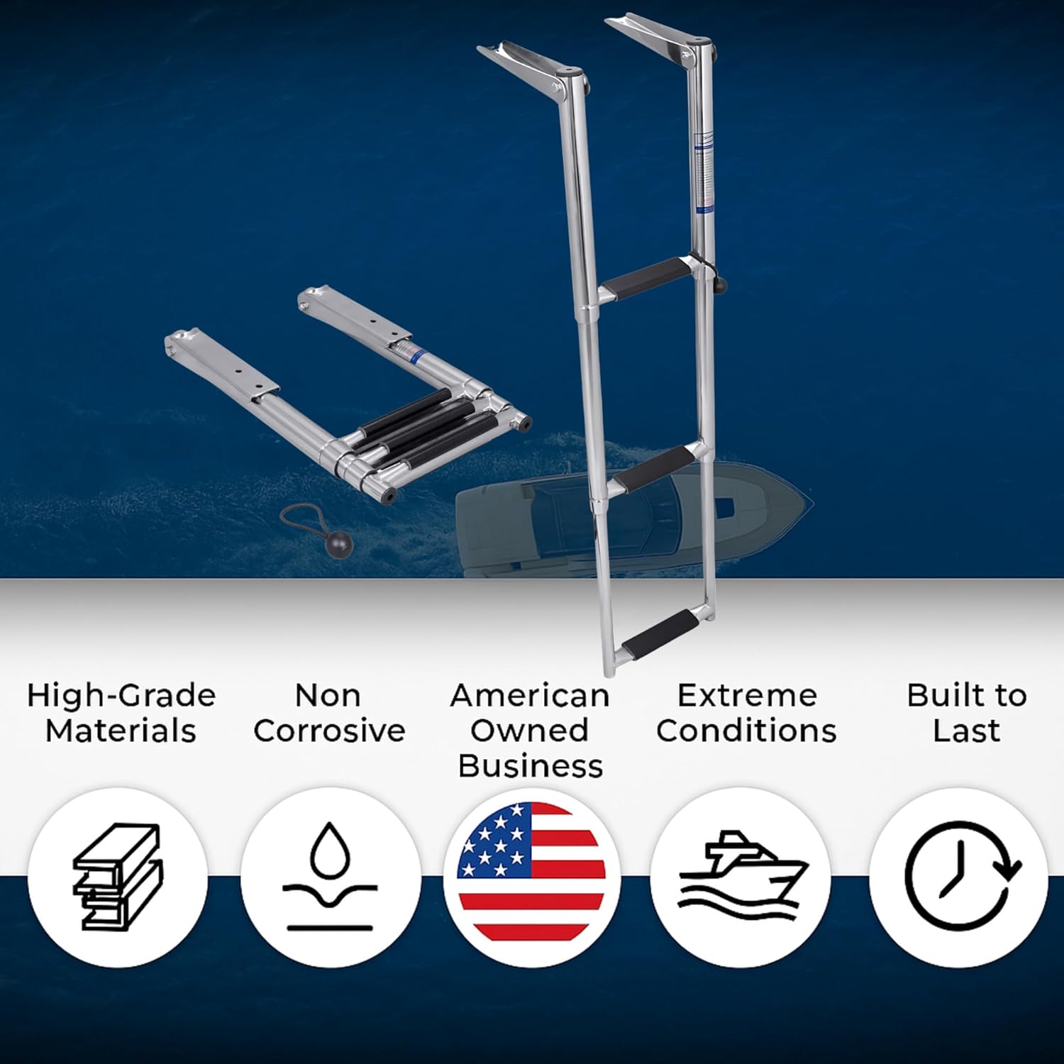 White Water – 3-Step Narrow Telescoping Over Platform Boat Ladder | 304 Stainless Steel Folding Marine Boarding Step for Compact Swim Platforms, Pontoon Boats, Powerboats, Sailboats, Docks - B00301NRW