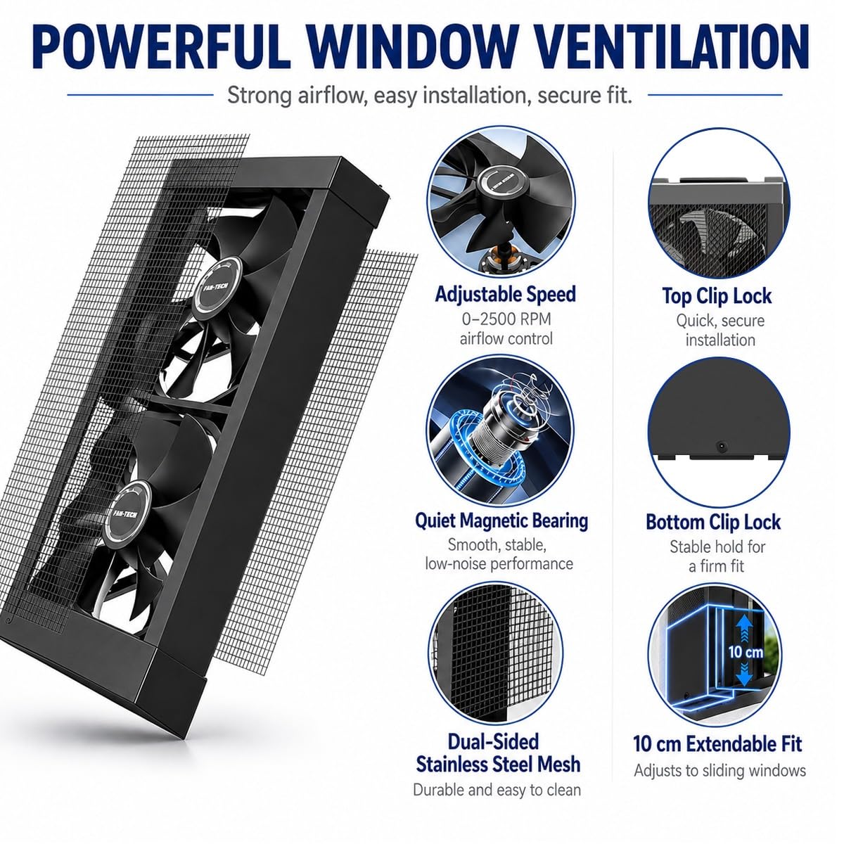 Genérico Extractor de ventana para ventanas correderas, ventilador vertical con velocidad regulable e instalación sin herramientas para cocina, baño, oficina y ático