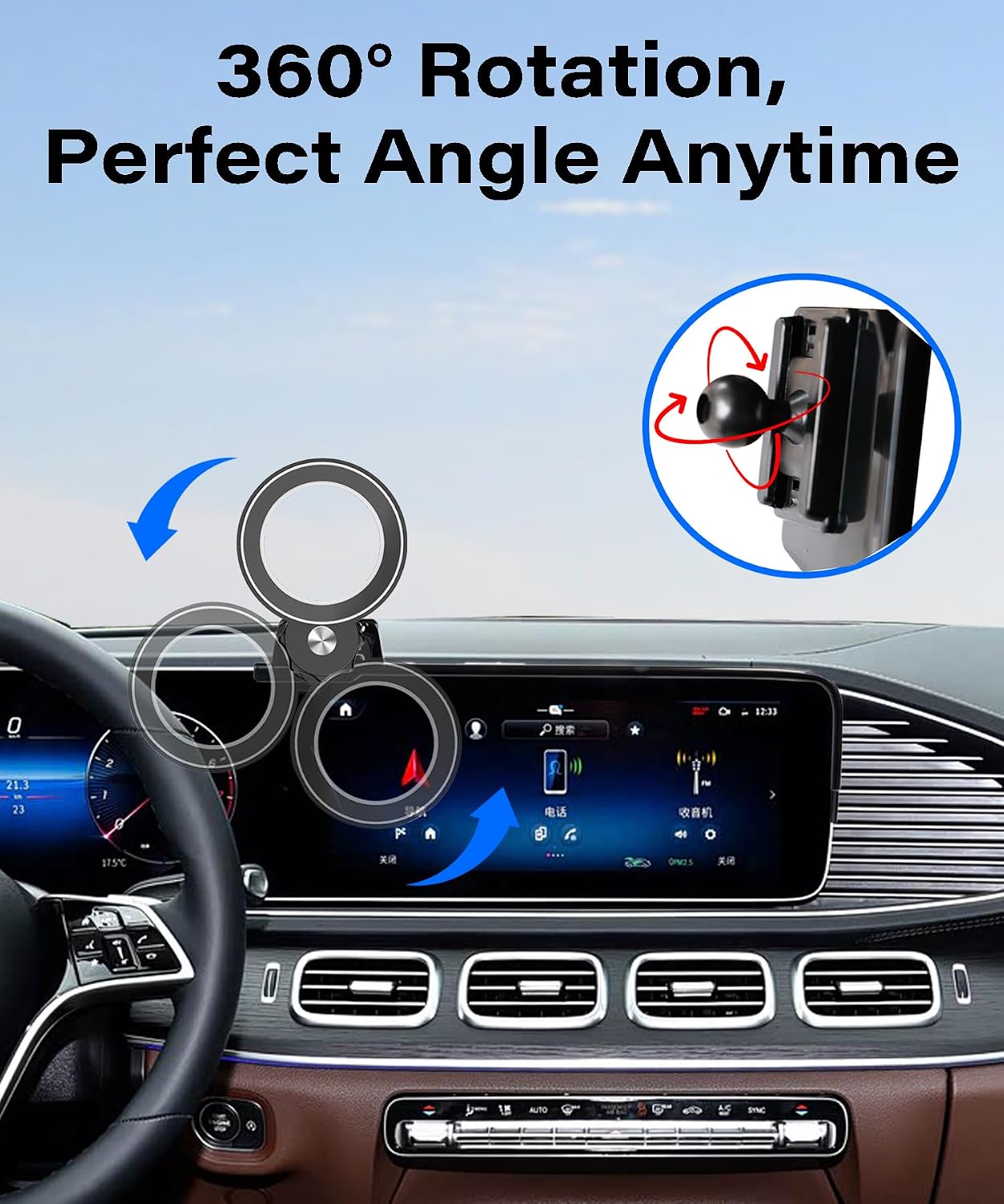 Car Phone Holder for Mercedes Benz GLE-Class/GLS-Class 2020-2026 Accessories Apply to 12.3 Inch Touch Screen Fixed Clip MagSafe Cell Phone Mount Hands-Free 360° Rotation