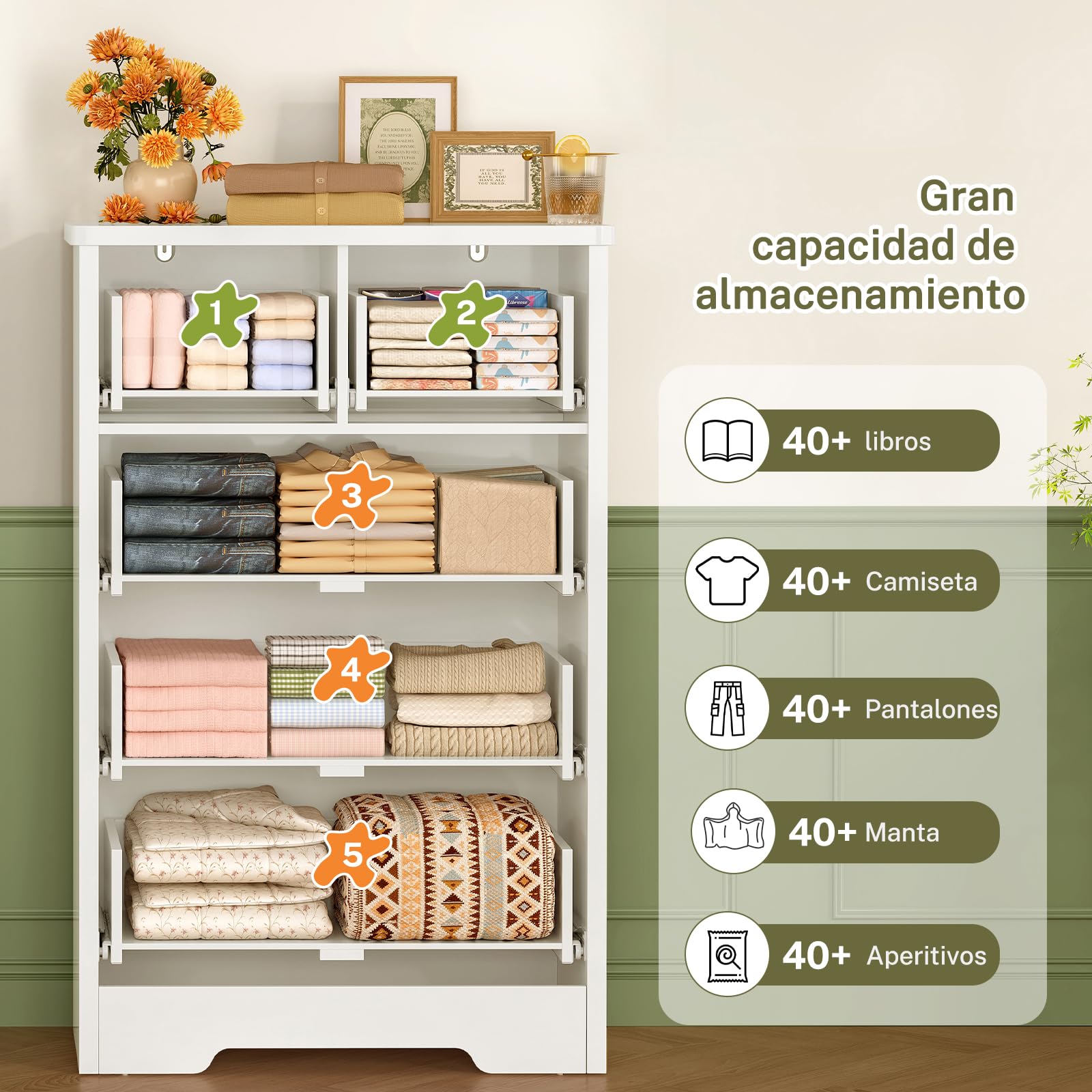 Comoda Dormitorio 5 Cajones Blanca, Cómoda y Cajonera Multifunción para Dormitorio - Sinfonier Blanco de Gran Capacidad, Ideal para Salón y Entrada, 60x35x96.5 cm