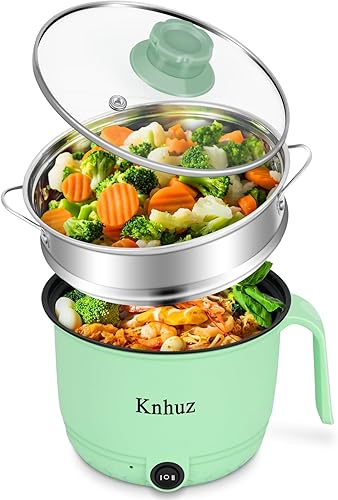 Olla eléctrica caliente con vaporizador, olla rápida de ramen, mini olla eléctrica de calentamiento automático portátil de 1.8 L para cocinar