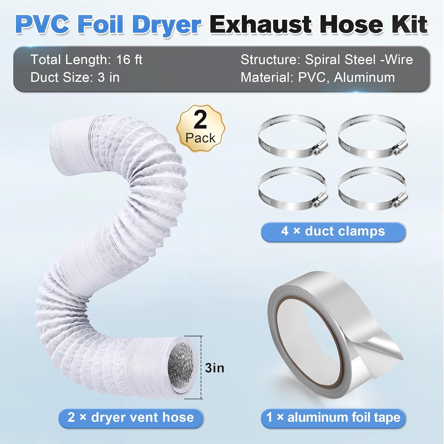 Dreyoo 3 Inch 16 Feet Dryer Vent Hose, 2 Pack Flexible PVC Ventilation Hose Kit, W/ 4 Clamps and 1 Roll of Tape, Insulated Aluminum Air Duct for HVAC Ventilation, Exhaust, Duct Fan Systems, Black