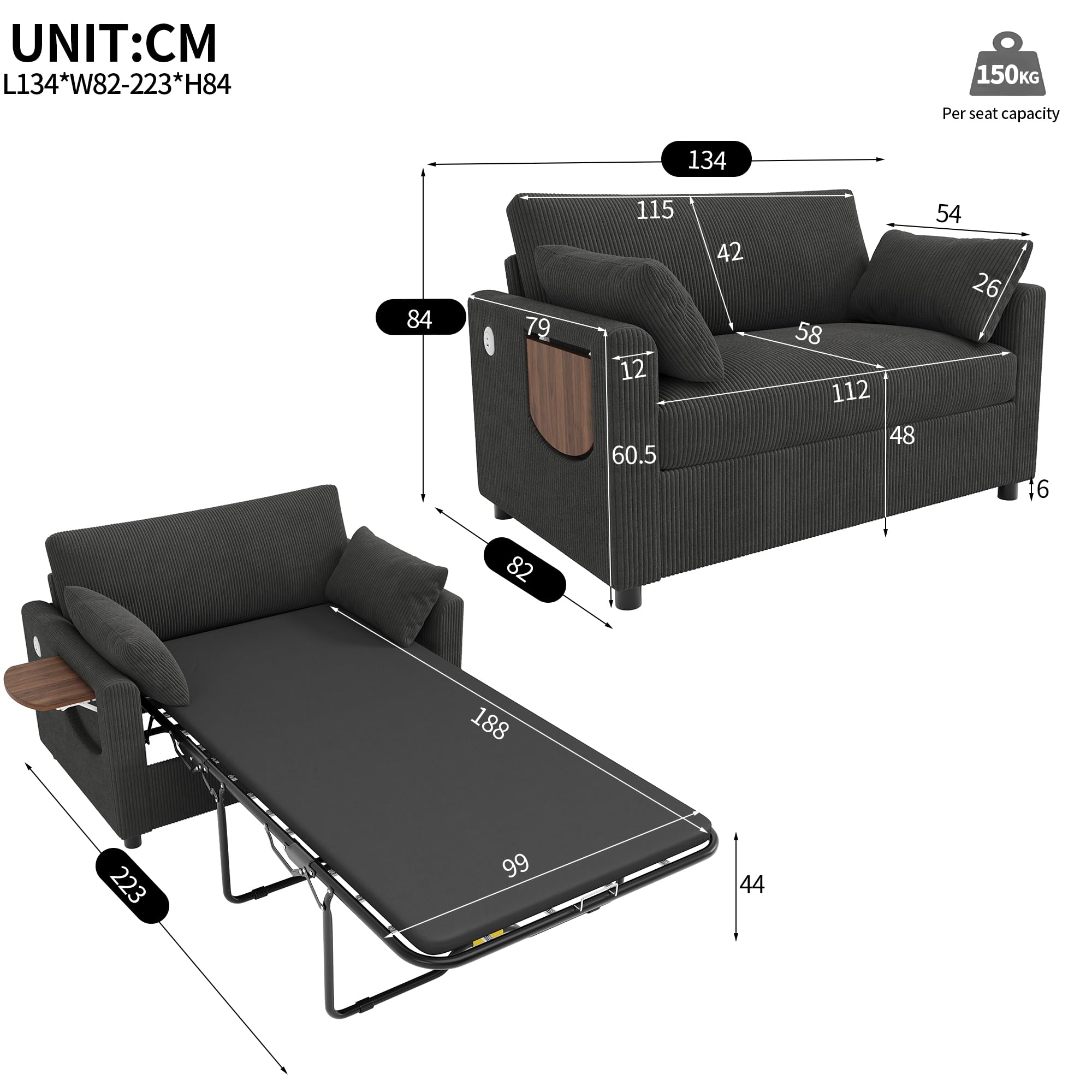 Divano letto 2 posti allungabile con funzione letto, porta di ricarica USB, tablet laterale pieghevole, materasso, due lenzuola e due cuscini, ideale per saloni e appartamenti