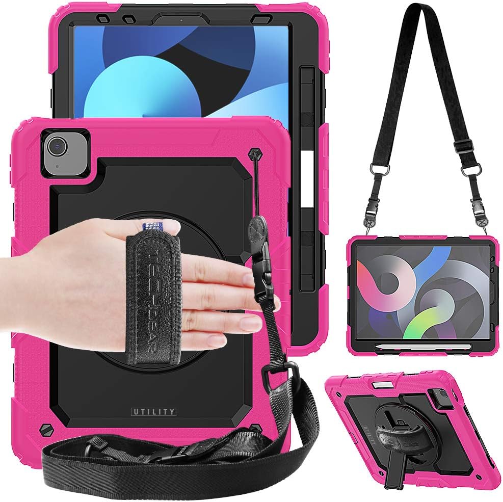 TECHGEAR UTILITY Case for iPad Air 10.9" 5th & 4th Generation 2022/2020, Tough Rugged HEAVY DUTY Armour Shockproof Case with 360 Rotating Stand, Hand Strap and Shoulder Strap - Pink