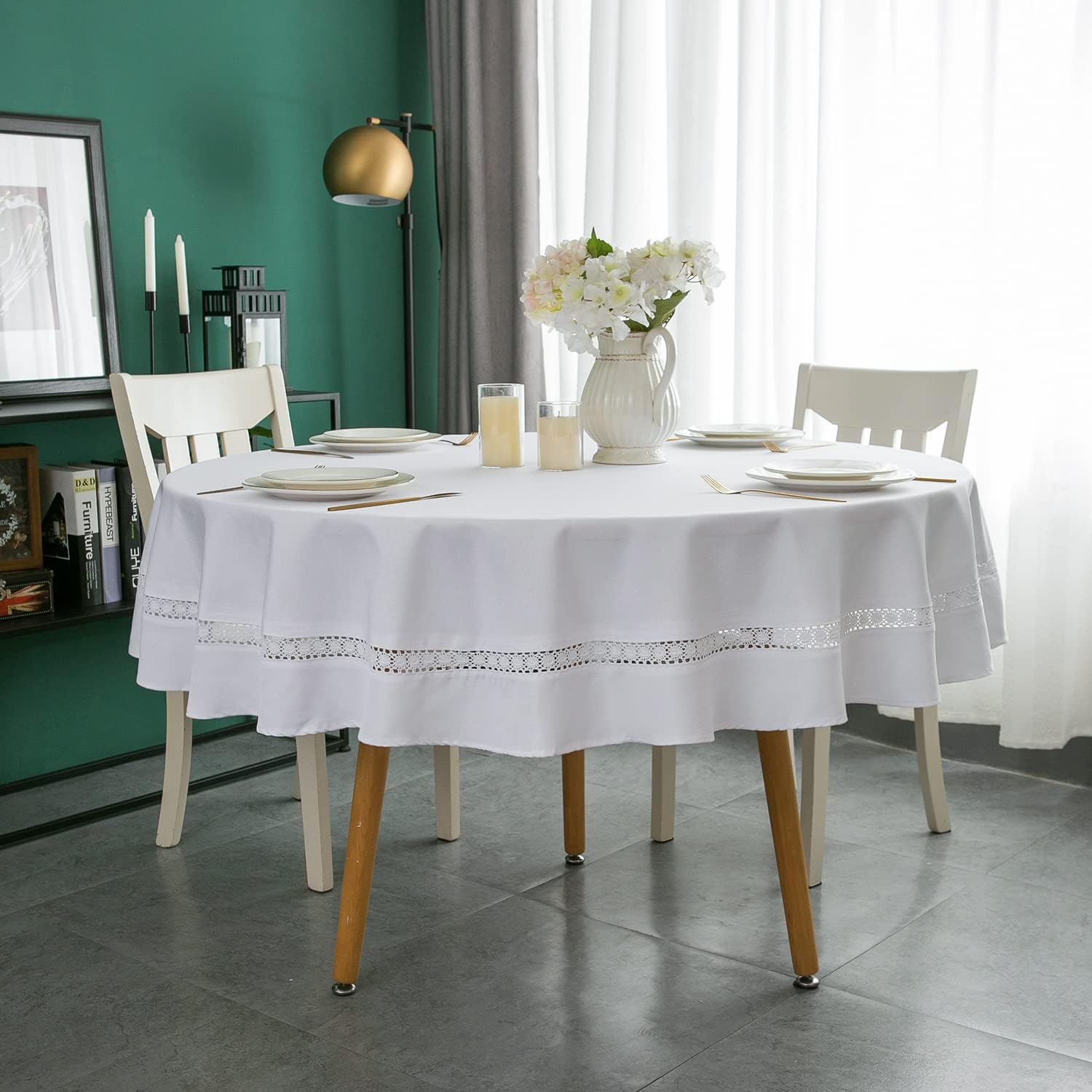 EHouseHome Heavy Duty Fabric Tablecloth with White Lace-Waterproof/Wrinkle Free/Stain Resistant/Oil Proof-for Dining,Indoor&Outdoor,Wedding,Holiday,White,Round 70Inch - Image 5