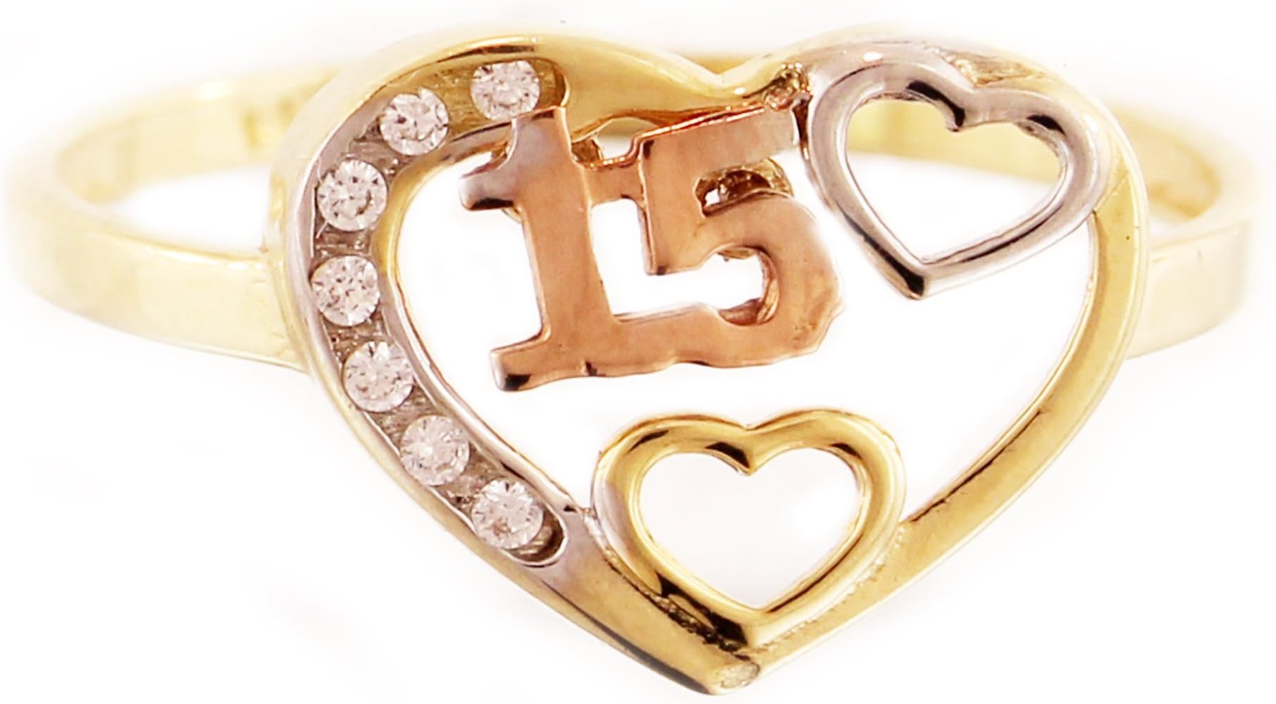 awatch4everyone 14K Yellow Quinceanera Heart Shape 15 Ring Design with Clear Cz