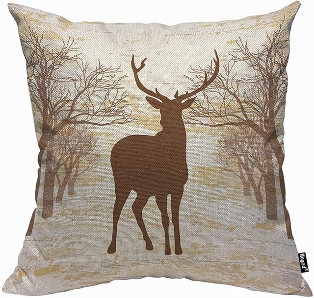 Mugod Brown Deer Cushion Cover Throw Pillow Covers Vintage Animal Moose Elk Antler Horn Tree Nature Wildlife Pillow Case for Men Women Decorative Home Sofa Chair Couch 45x45cm/18x18 Inch