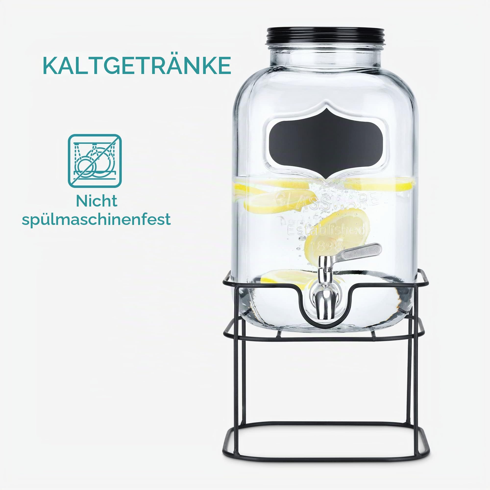 Navaris Getränkespender 5 Liter aus Glas - Zapfhahn aus Edelstahl und Ständer - Wasserspender Glasbehälter für kalte Getränke - Schwarz