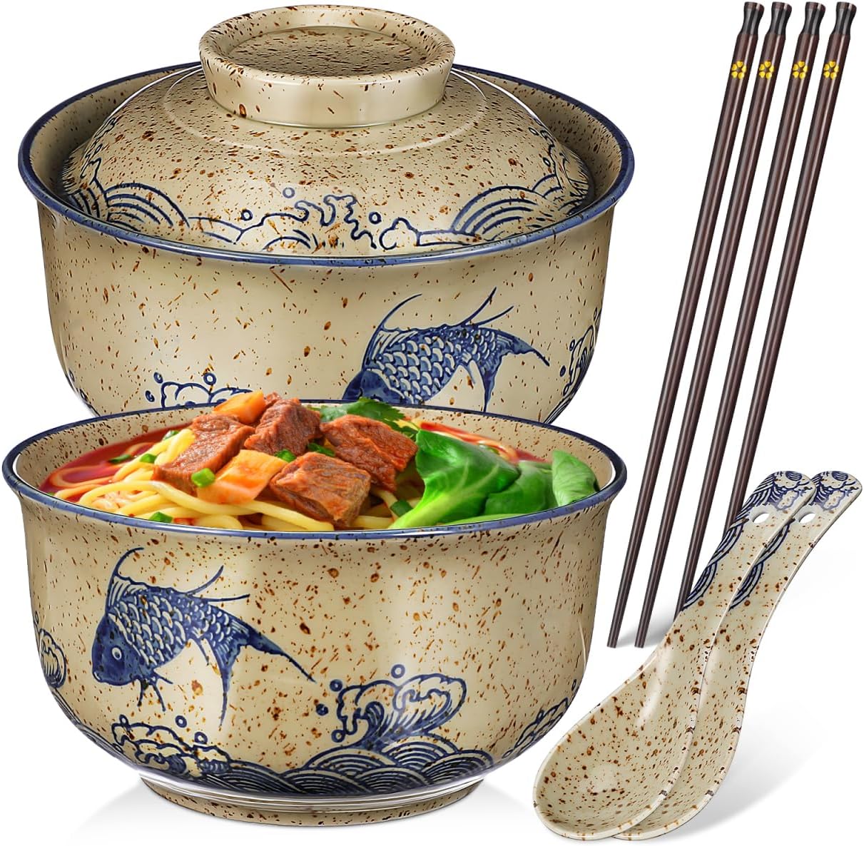 Cabilock 2 Pieces Ceramic Ramen Bowls, 25 Oz Large Soup Bowl with Lid, Spoon Chopstick Japanese Tableware for Noodles, Salad, Rice, Microwave Dishwasher Korean Clay Pot - Fish
