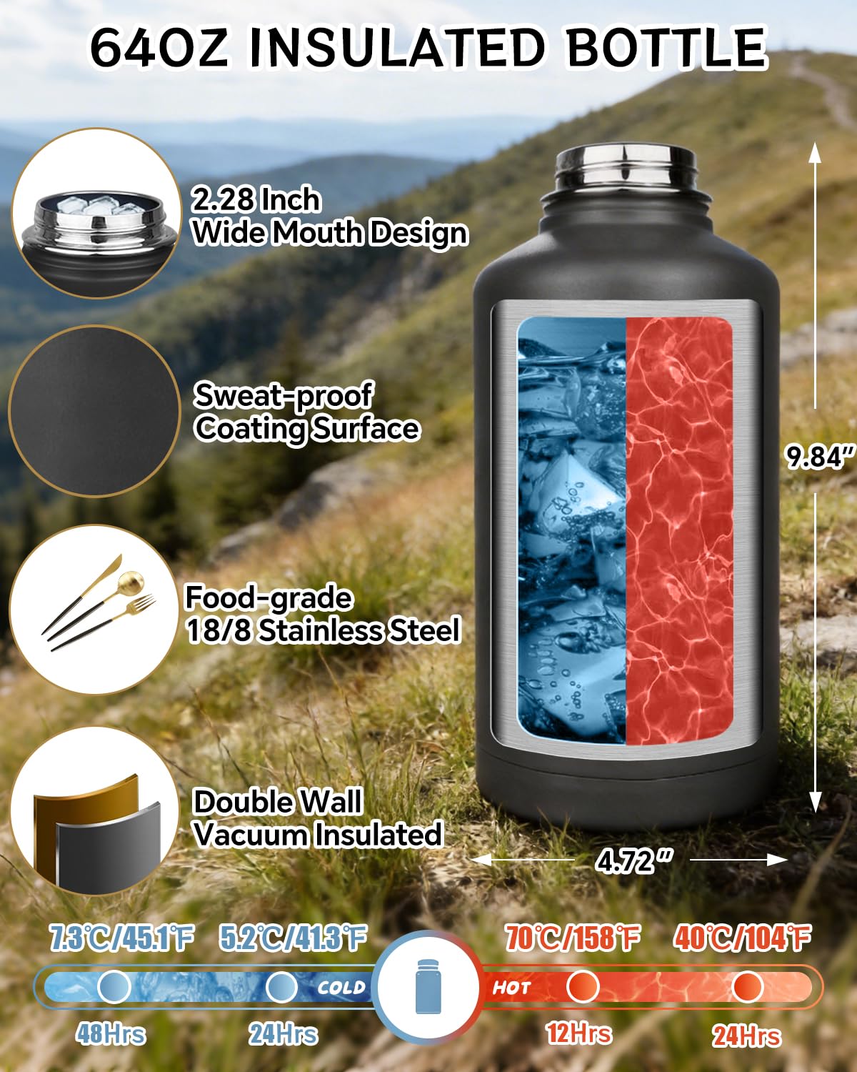 COOLYARD Botella de agua de medio galón con funda, color negro