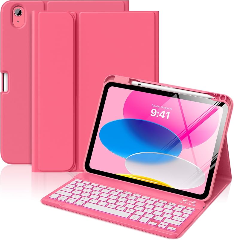MoKo for iPad (A16) 11th/10th Gen Case with 7 Color Backlit Keyboard Pink | for iPad 11 inch 2025 10.9 inch 2022 Case with Pencil Holder, Multi-Angle Detachable Bluetooth Keyboard, Auto Wake Sleep