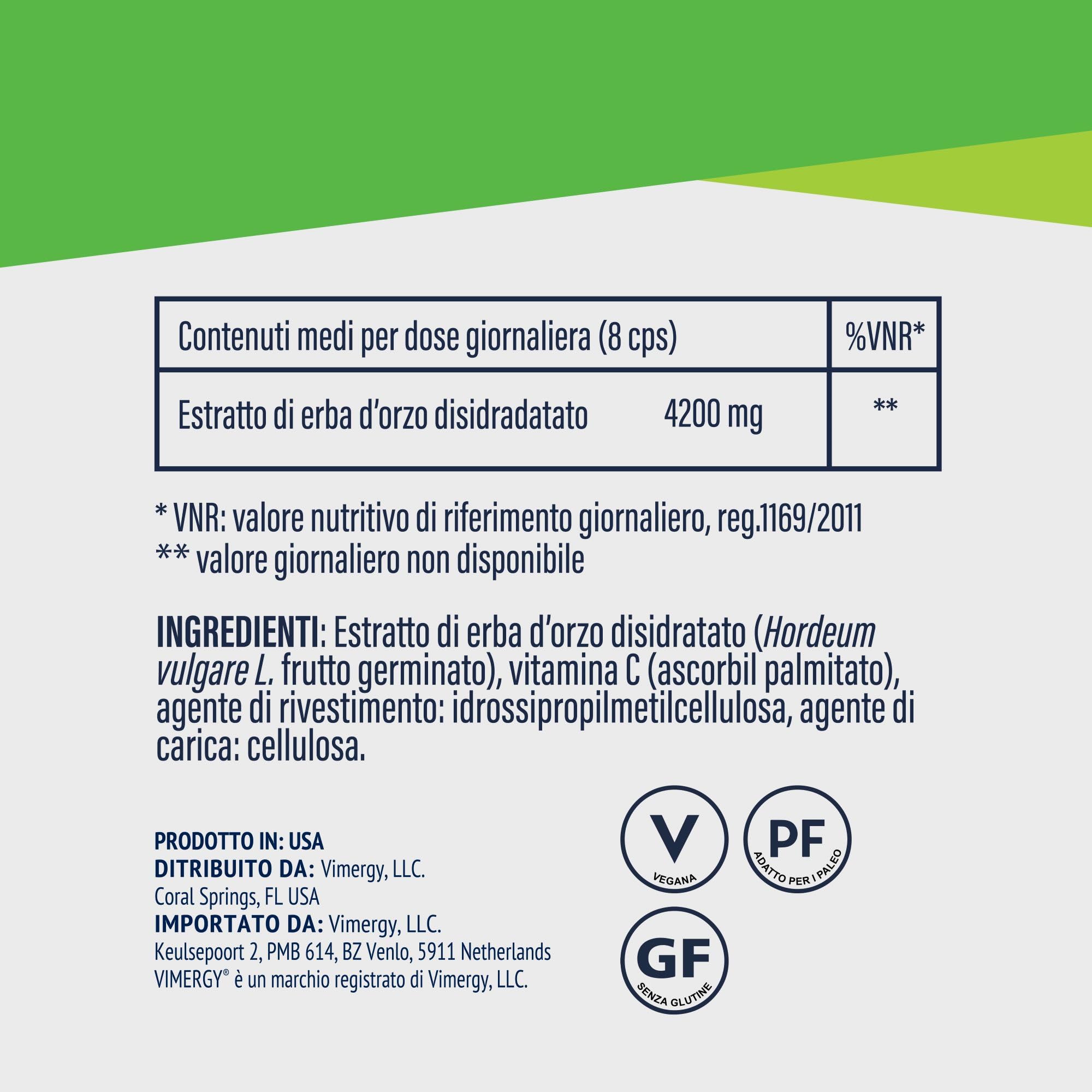 Vimergy Barley Grass Juice Powder, 30 Dosi – Capsule di Orzo Super Green – Orzo Senza Antiagglomeranti, Riempitivi, Aromi o Zucchero - Vegano, Senza OGM e Senza Glutine (240 Capsule)