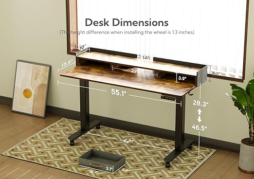 Claiks Standing Desk with Drawers, Stand Up Electric Standing Desk Adjustable Height, Sit Stand Desk with Storage Shelf and Splice Board, 55 Inch, Rustic Brown thumbnail 3