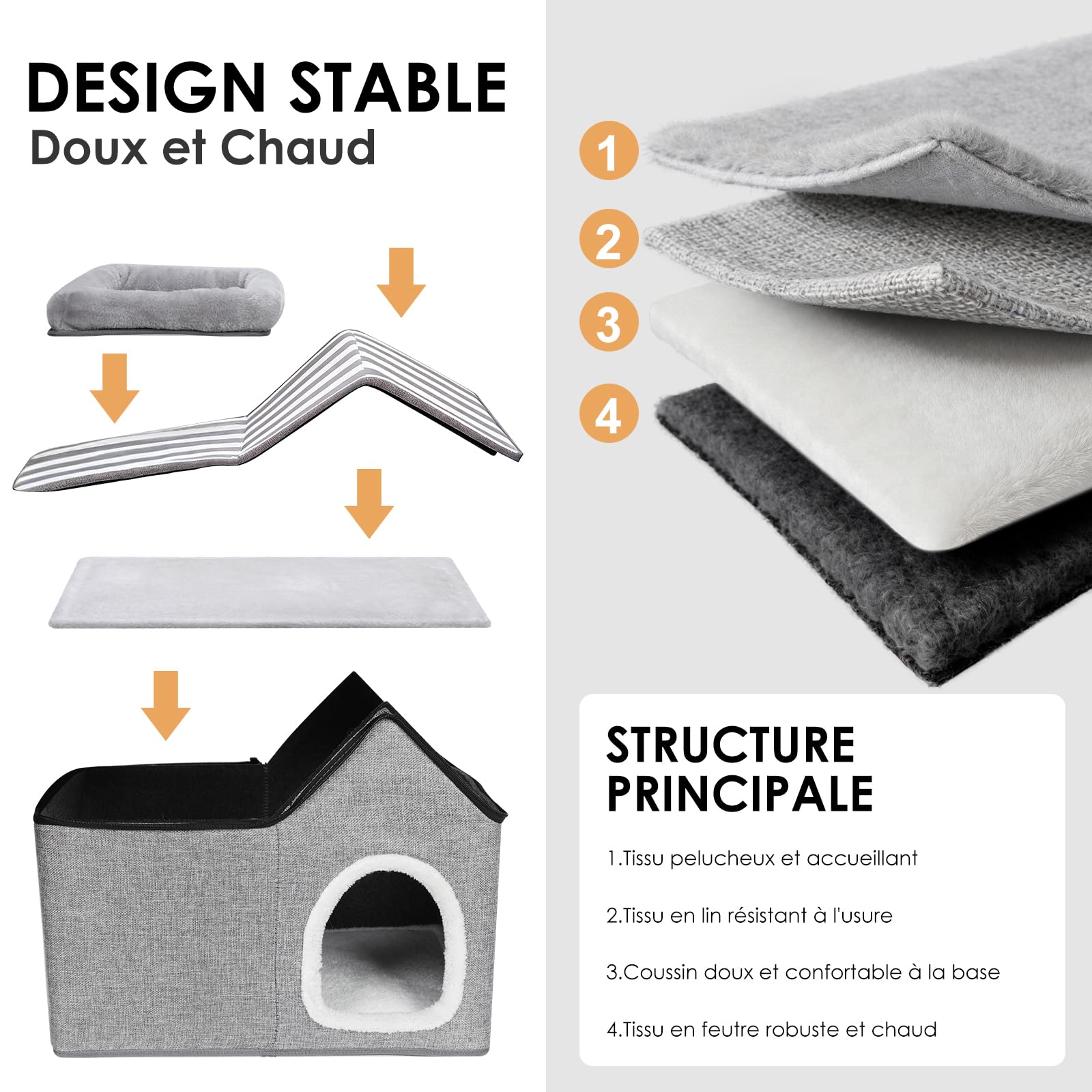 Masthome Niche pour Chat Intérieur Semi-Ouverte, Maison pour Chat 2 Étages sans Assemblage, Lit Pliable avec Coussin Amovible en Lin Respirant, Confortable pour Chatons et Petits Chiens Gris