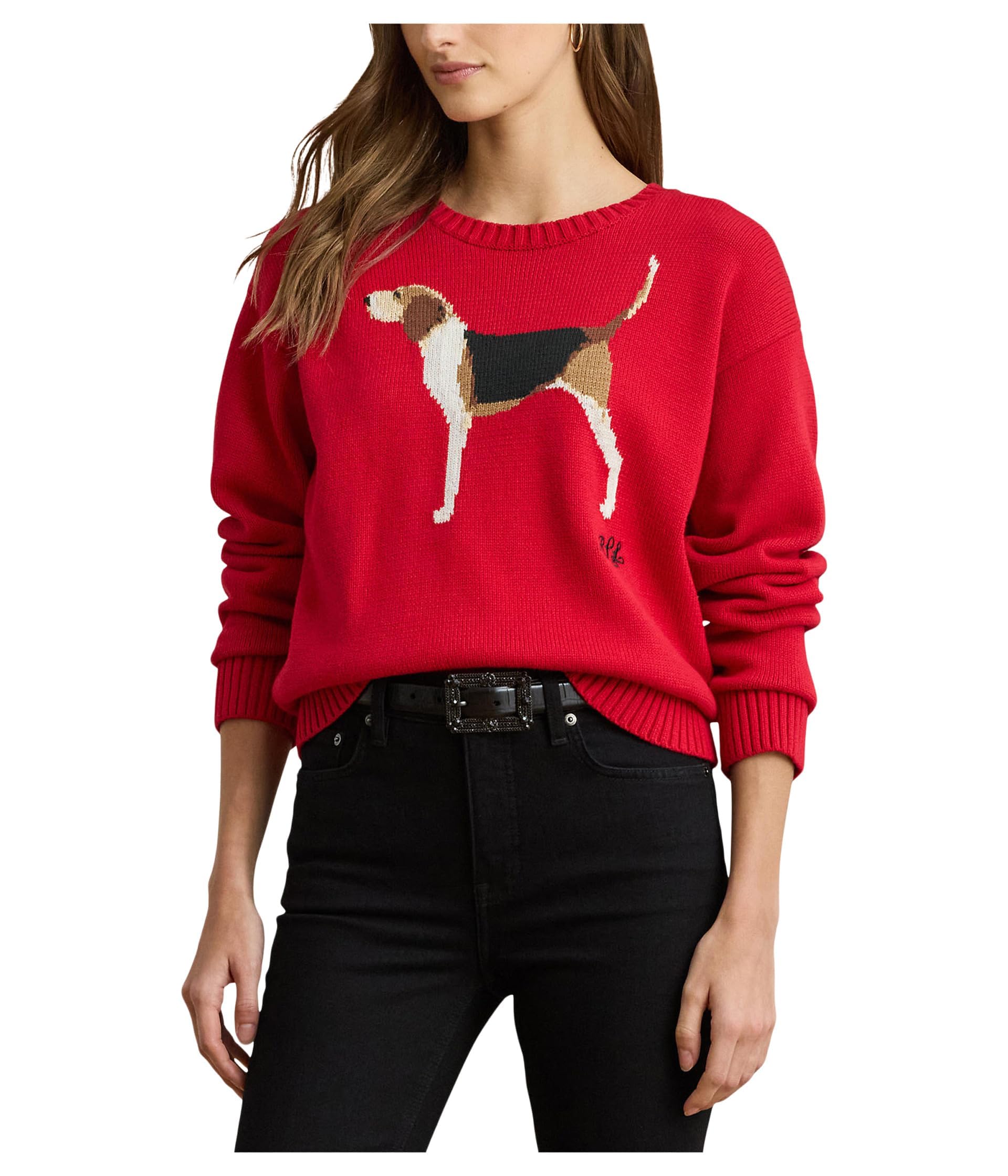 Lauren Ralph Lauren Womens Intarsia-Knit Foxhound Cotton Sweater