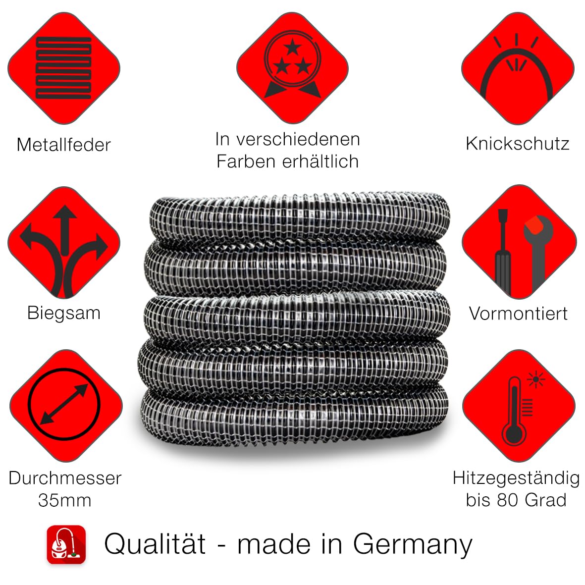 PRIMEBAG Gewebeschlauch 8 Meter kompatibel mit Hilti VC 20 VC 40 VC 60 VC 125 VC 150 Saugschlauch Fadenverstärkt, extrem flexibel und robust