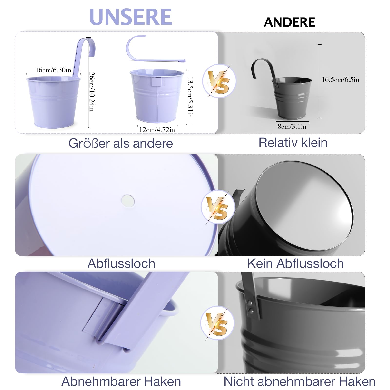 XXXFLOWER Metall Hängende Blumentöpfe Set - Robuste Hängeblumentöpfe aus Metall mit Abnehmbarem Haken & Ablaufloch, Hängetöpfe für Balkon, Garten, Zaun, Wand4/8 Stück