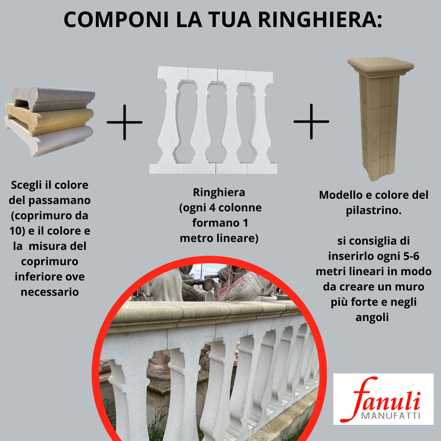 Fanuli Manufatti Ringhiera in Cemento per Esterni Modello Vecchia Leuca – Balaustra Componibile 25x25 per Recinzione Giardino, Balcone e Terrazzo – Ideale per Fai da Te e Ristrutturazioni (Bianco)