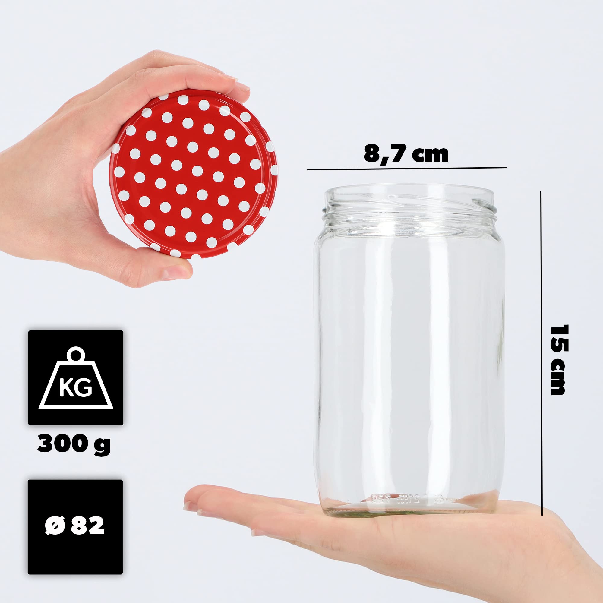KADAX Tarros De Cristal Para Conservas (720 Ml, Para Tapa De Rosca, 24 Unidades), Diseño De Lunares, Color Rojo