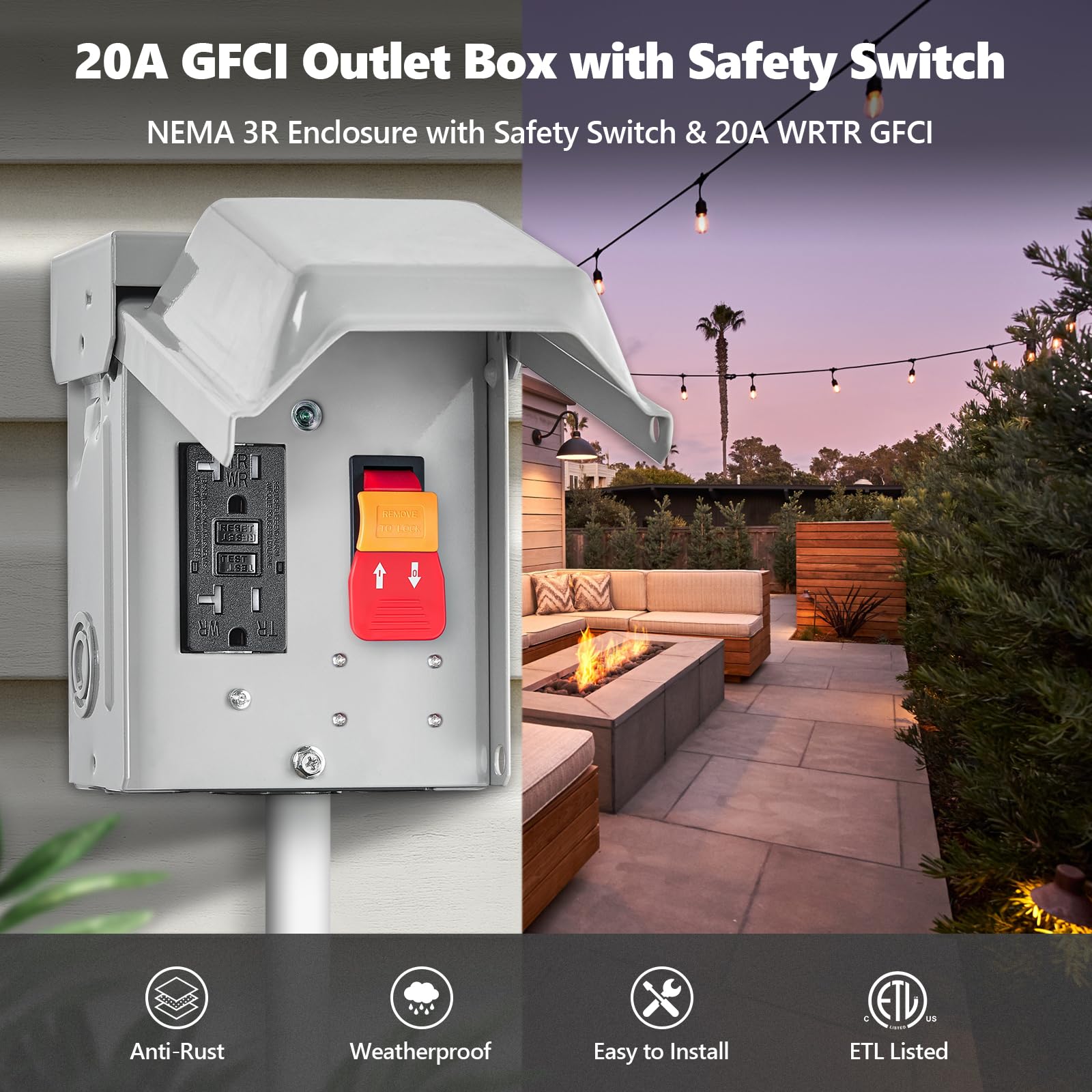 SURAIELEC Boîtier de prise extérieure avec couvercle, prise WRTR GFCI 20 A, boîtier 3R étanche, boîtier d'alimentation extérieur en métal résistant aux intempéries, certifié ETL (GFCI avec
