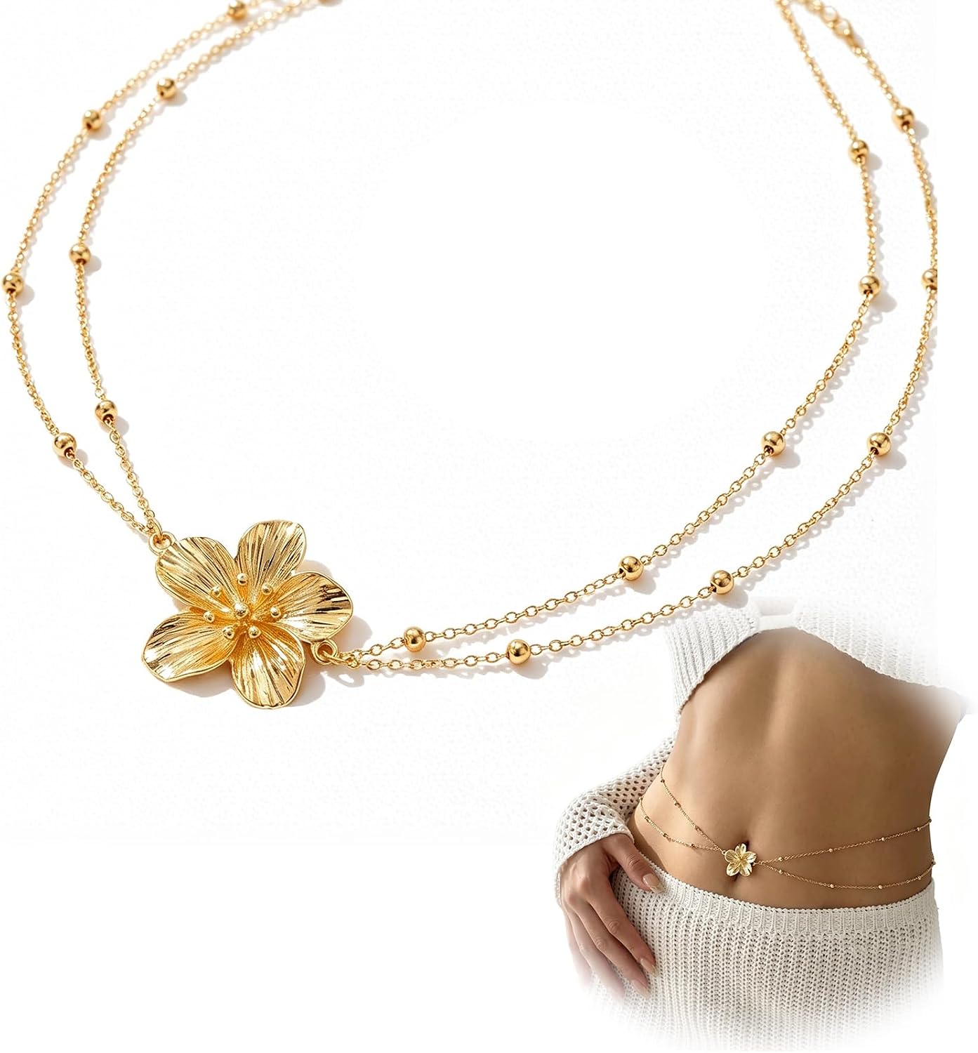 Layered Flower Belly Chains for Women Gold Tone Satellite Beaded Waist Chain Dainty Plumeria Flower Body Jewelry Summer Beach Bikini Accessories Adjustable