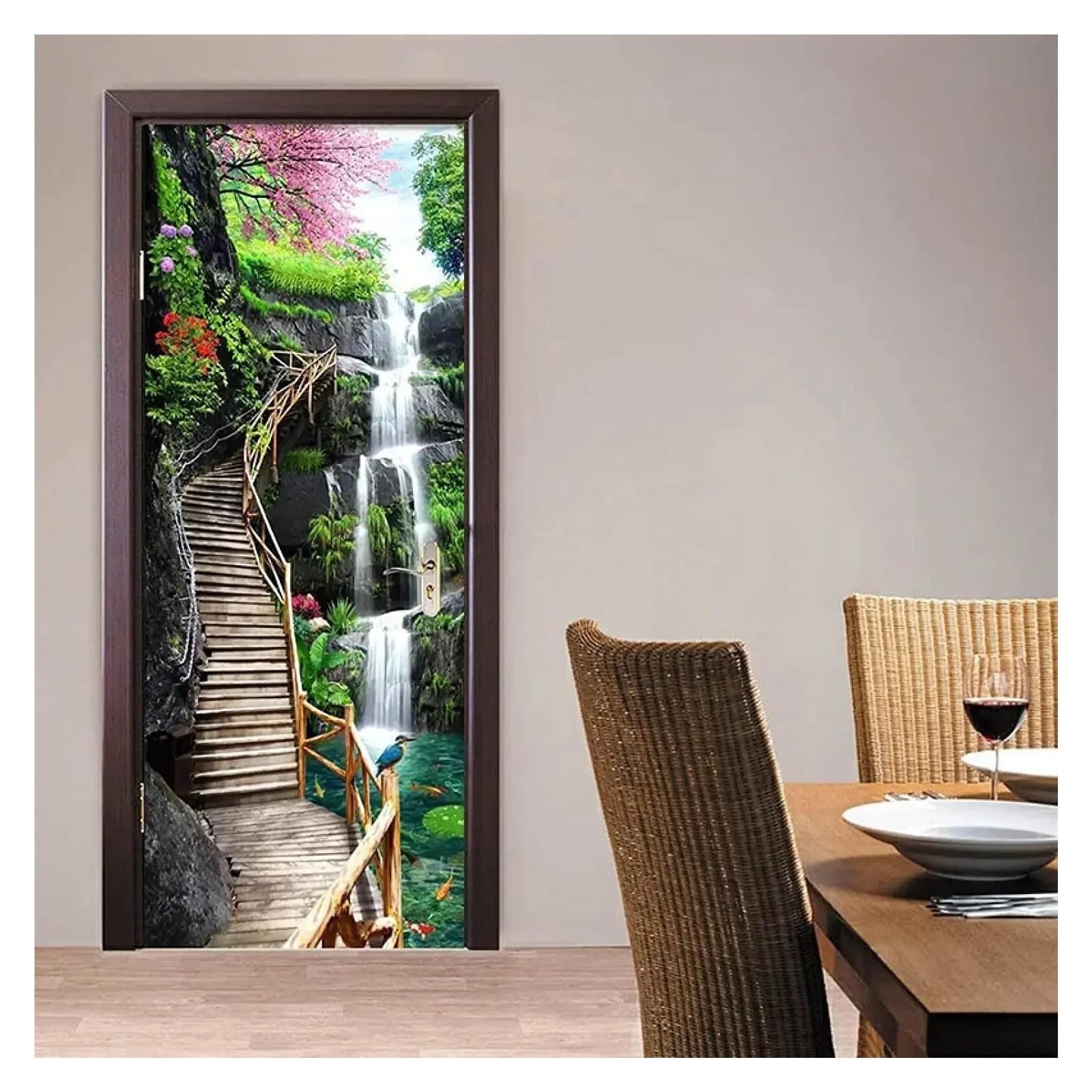 Sticker de porte 3D pont en bois mer coucher de soleil grand format amovible