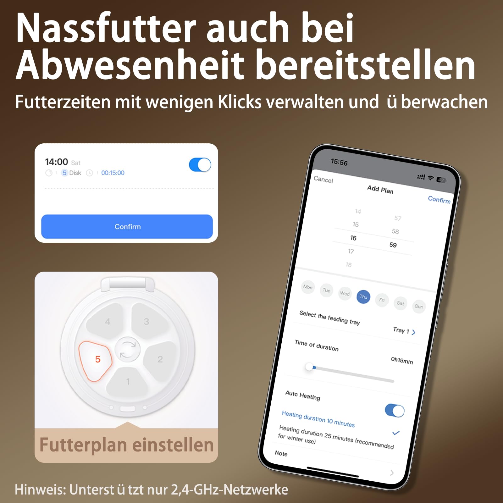 Automatischer Katzenfutterspender für Nassfutter, Überwachter 2-in-1 Kühlfutterautomat mit Halbleiterkühlung, App-gesteuert, Einfach zu Reinigen, 5 Frische Mahlzeiten (Weiß)