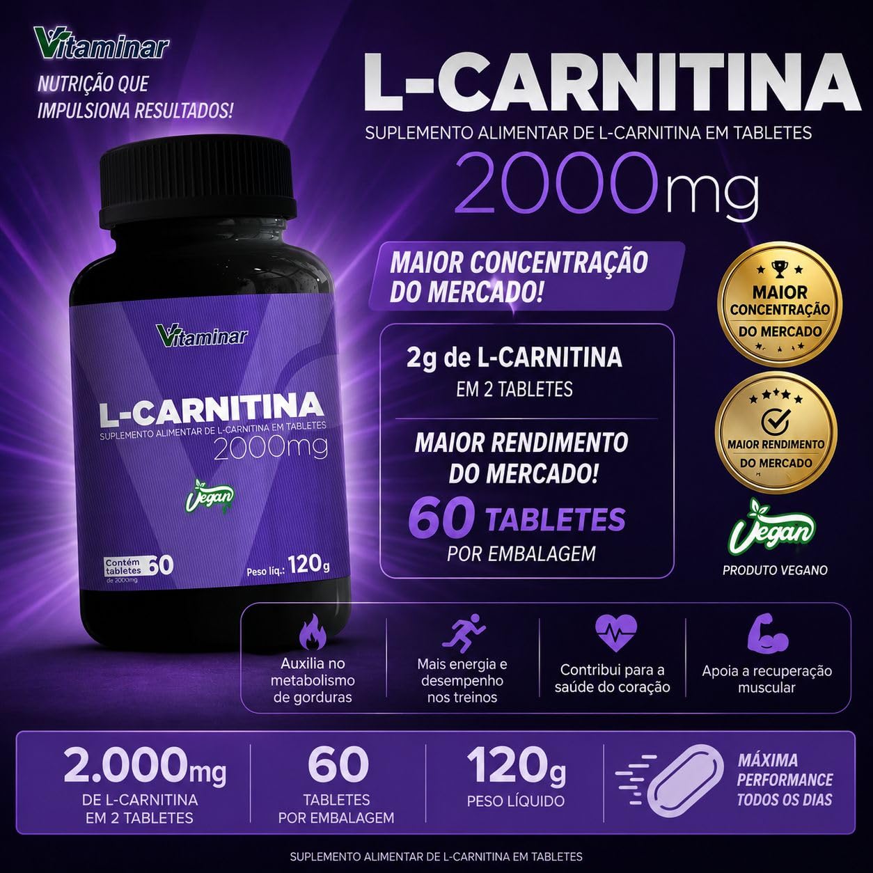 l carnitina vegana Vitaminar L-Carnitina 2000mg Vegano 120g 60 Tabletes Suplemento Nutricional