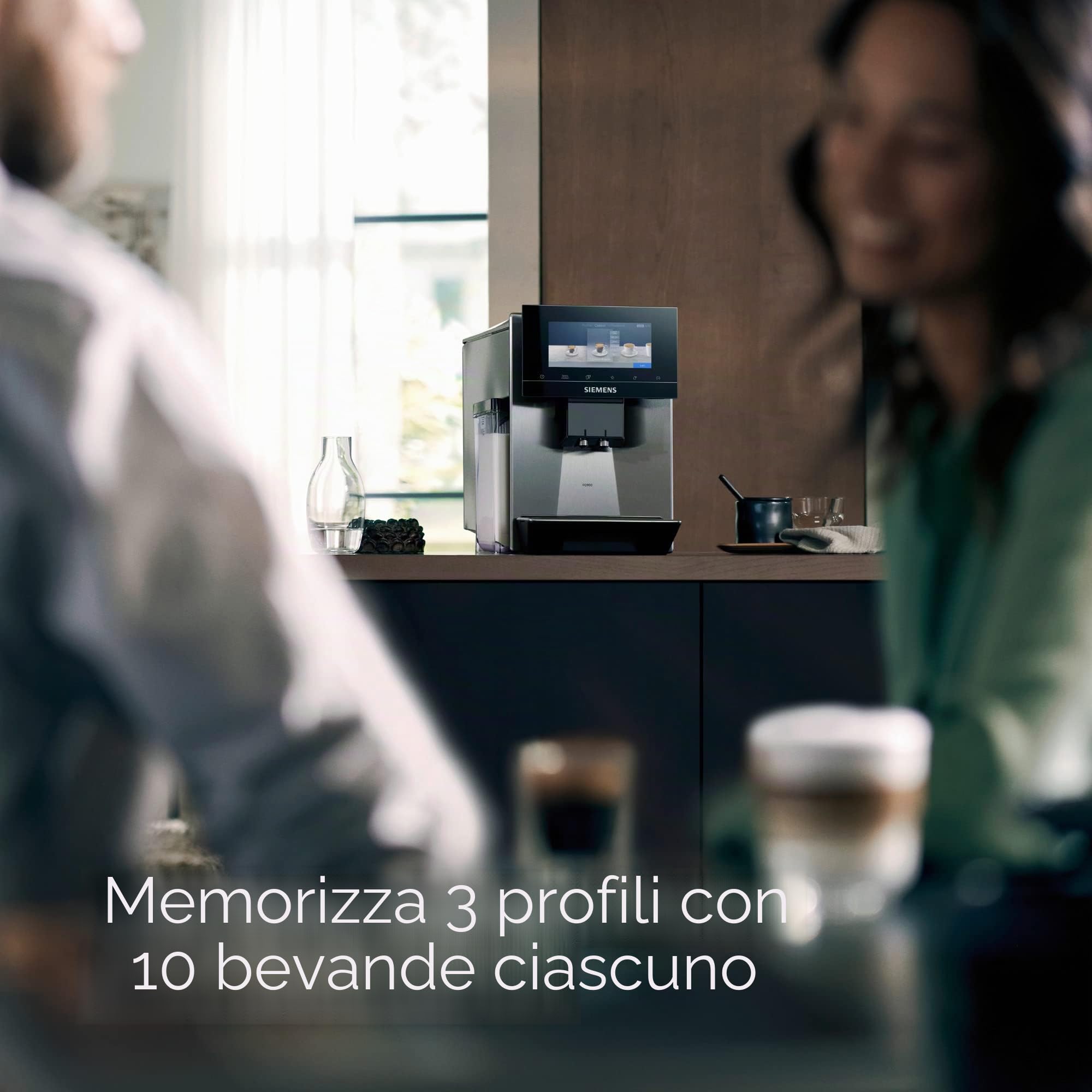 Siemens Macchina da caffè EQ900 TQ903D03, controllo app, display full touch, modalità barista, aromaBoost, riduzione del rumore, pulitura automatica del vapore, 1500 W, acciaio inox