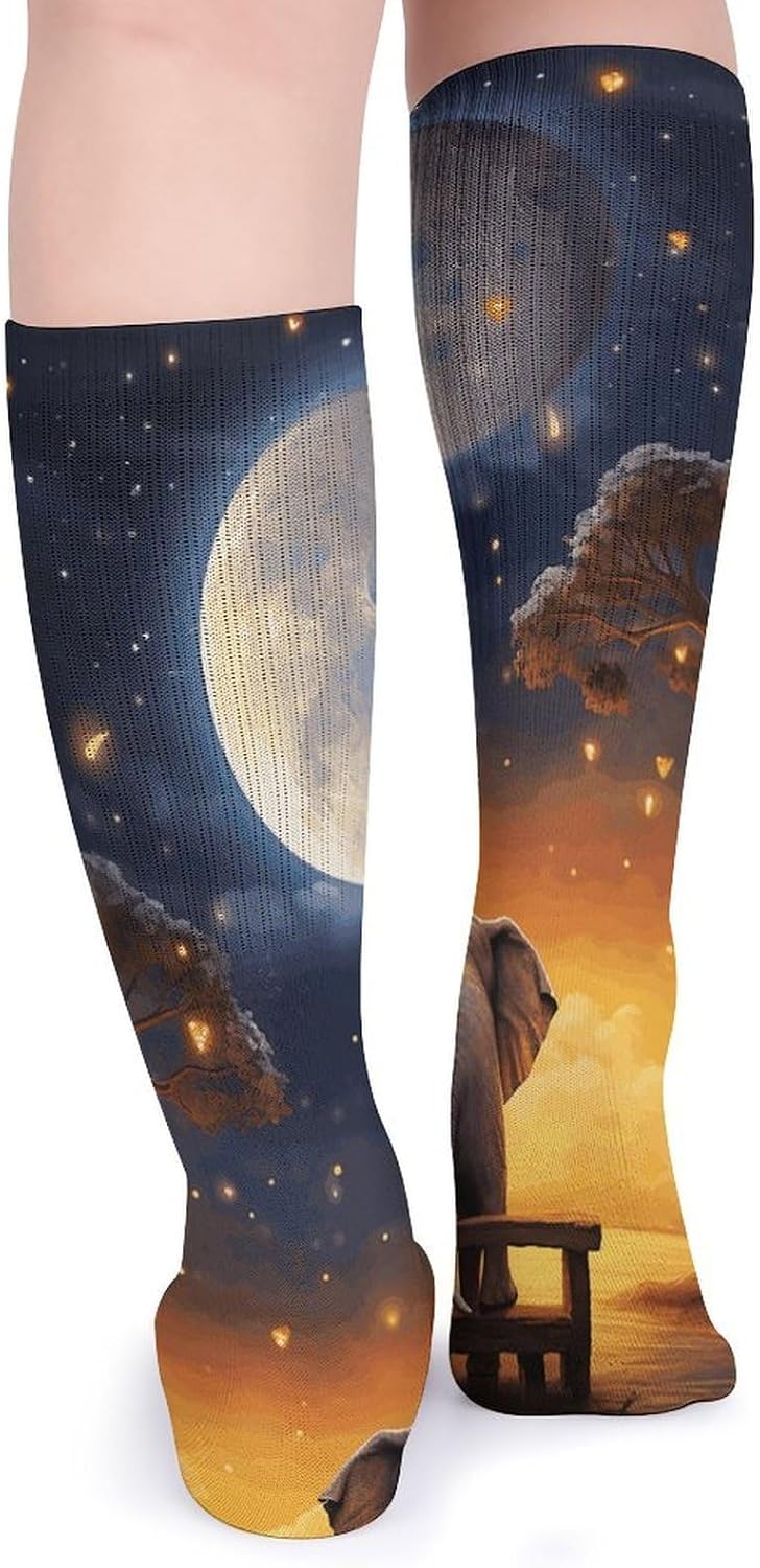 Breathable Crew Sock, Moisture Wicking, Athletic Calf Socks, Cozy | Animal Elephant Owl Tree Moon Star Compression Socks for Women Men, Lightweight High Work Socks for Business, Casual