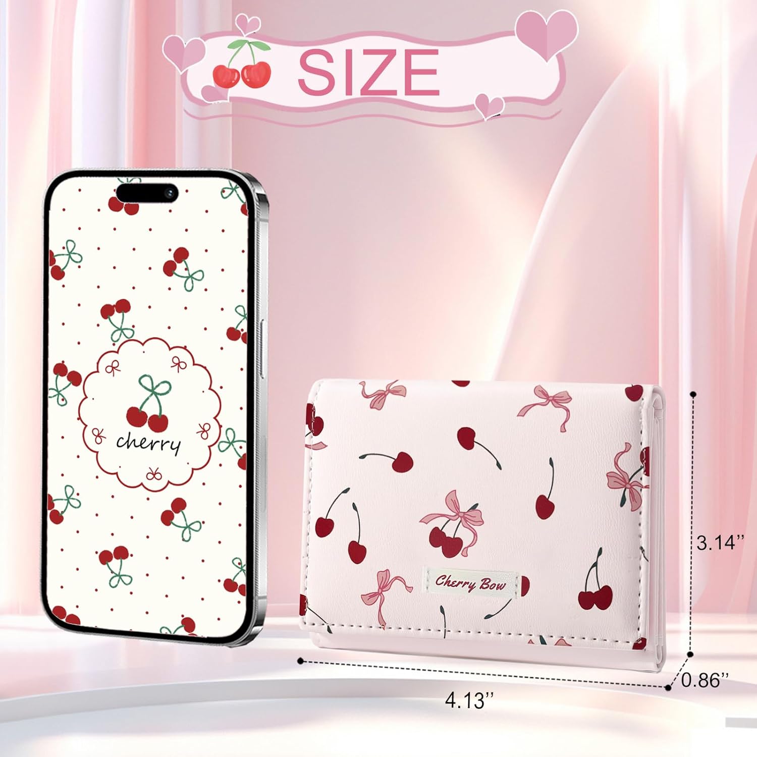 Sunwel Fashion Girls Cute Cherry Print Coquette Bow Wallet Small Wallet Card Holder ID Window for Women (PINK) - Image 3