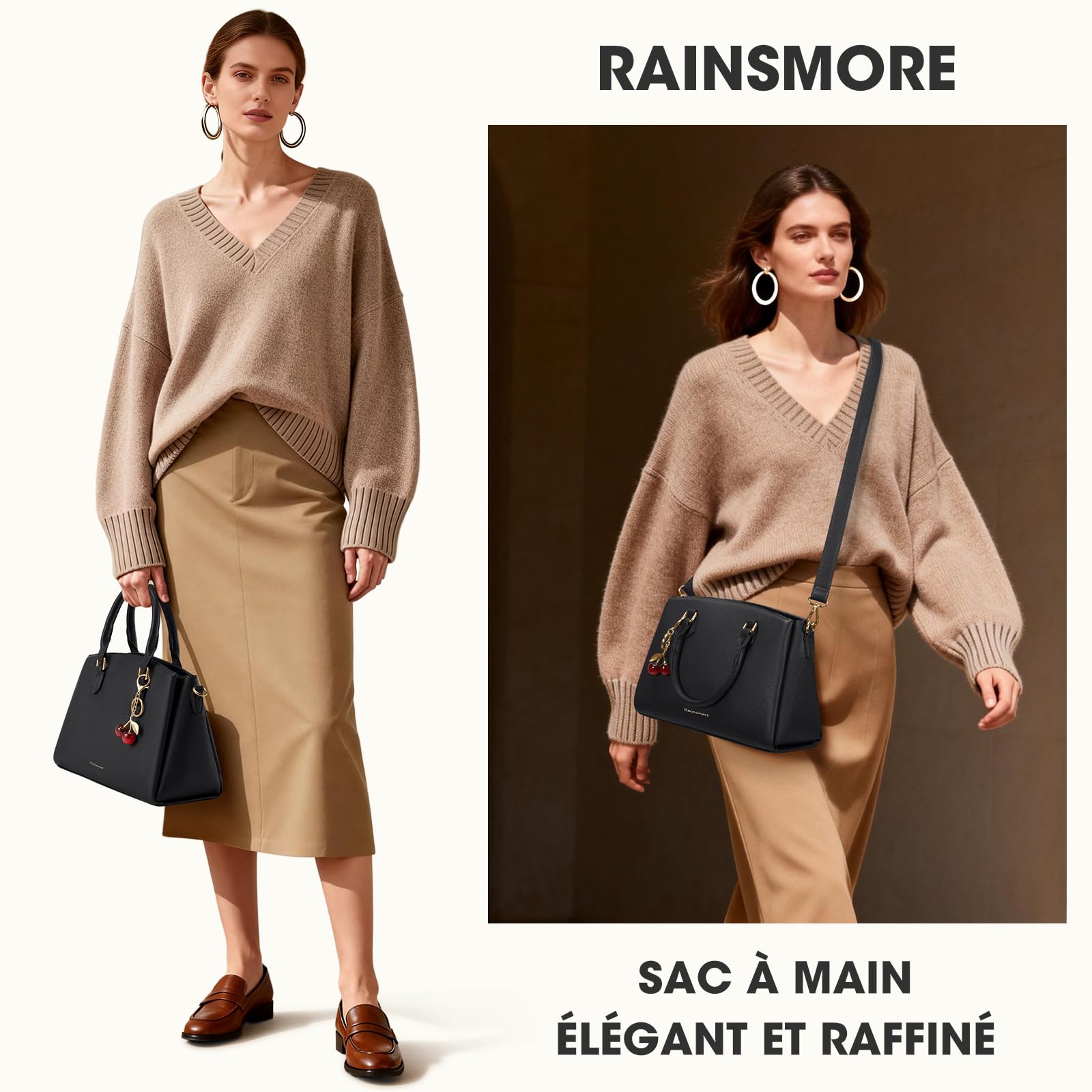 RAINSMORE Sac a Main Femme en Cuir PU Sac a Main avec Bandoulière Amovible Sac a Main Femme Cuir Convient pour Tablette 11 Pouces Sac à Main pour le Travail Shopping Noir