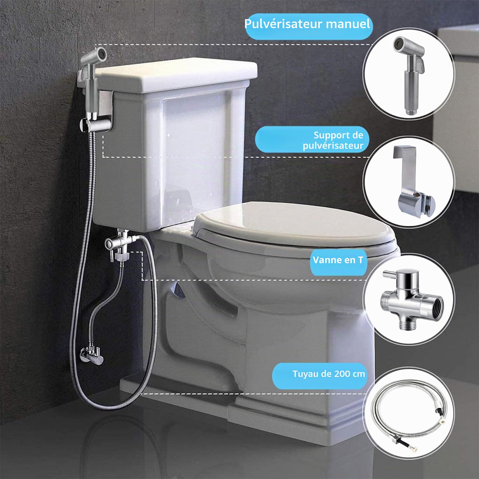 Douchette de salle de bain pour bidet, en acier inoxydable, avec valve à 3 voies (1/2-3/8"), parfaite pour l'hygiène personnelle, l'entretien du nettoyage