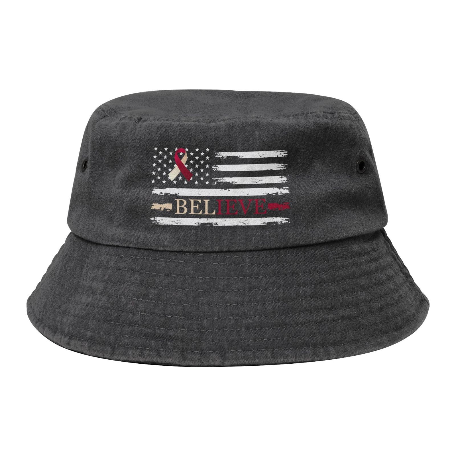 Qauirfe Head and Neck Cancer Believe American Flag Burgundy Ivory Ribbon Fashion Cowboy Denim Fisherman Hat Outdoor Fishing Cap Sun