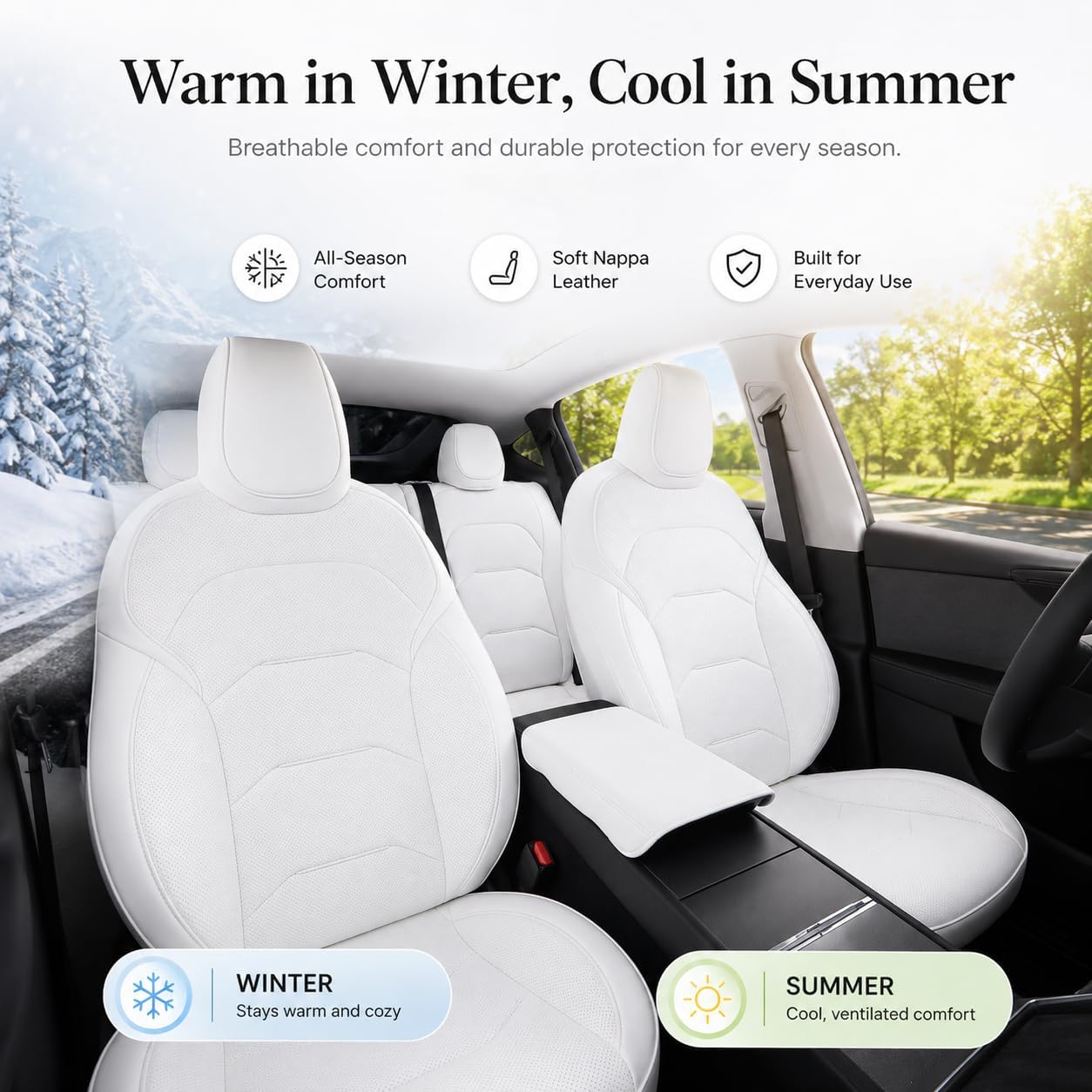 Tesla Model Y Seat Covers 2025 2026 Juniper, Custom Fit Full Coverage Waterproof Nappa Leather Car Seat Cover Set Accessories, Airbag Compatible(White)
