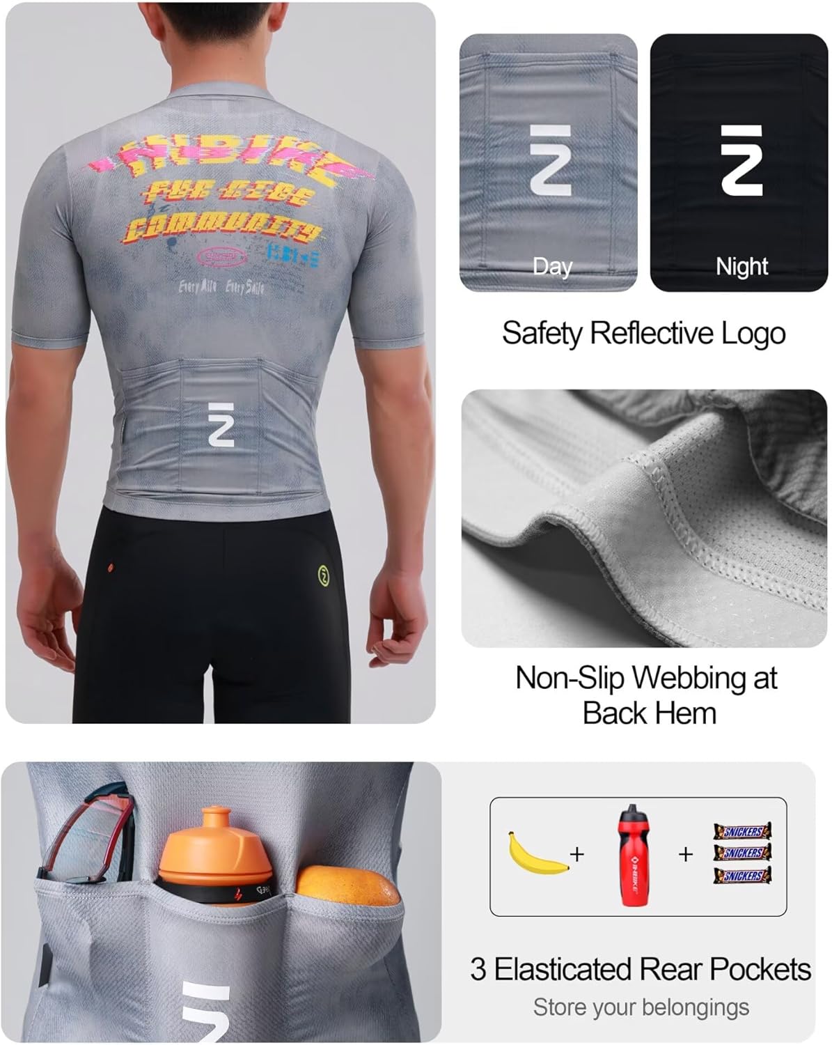 INBIKE Men's Cycling Jersey Moisture Wicking Short Sleeve,3 Rear Pockets Quick Dry Reflective Biking Shirts