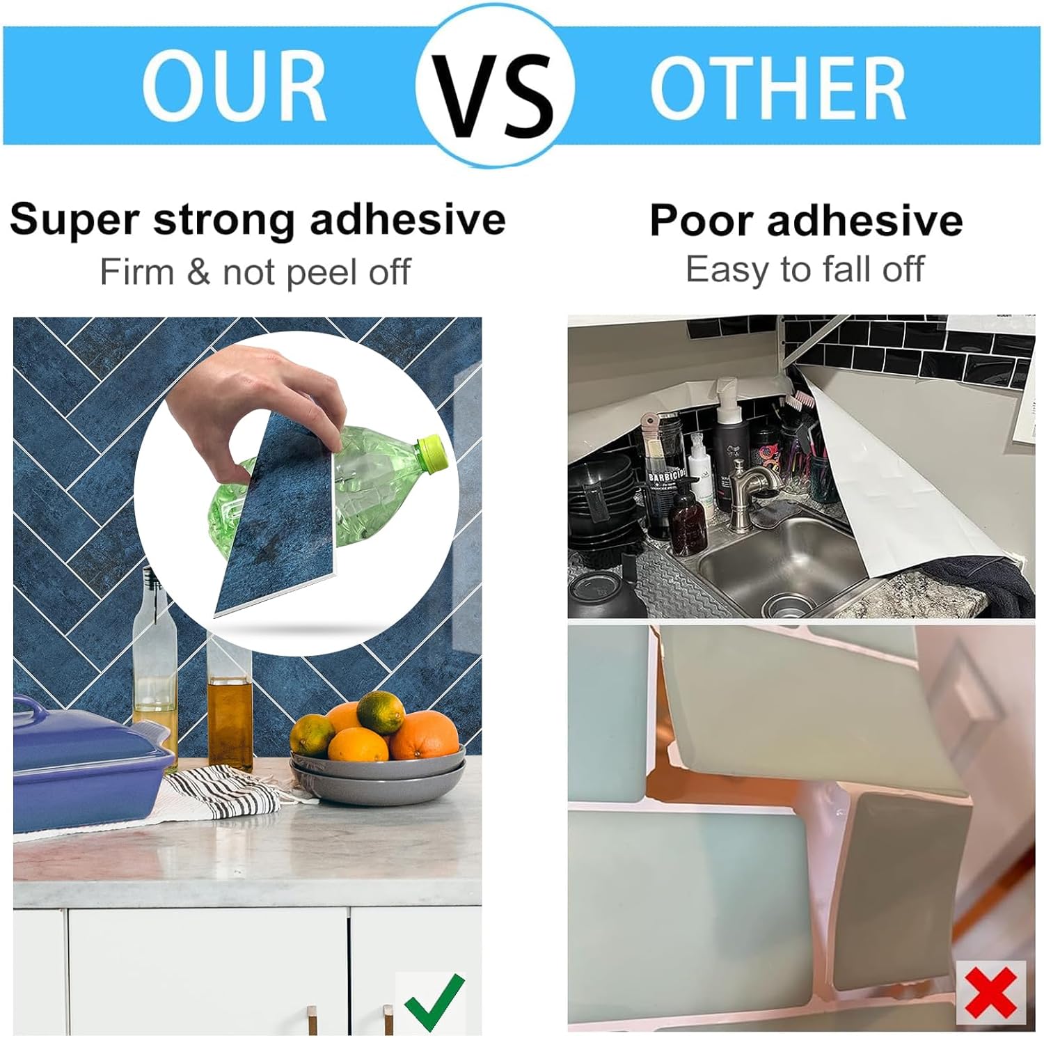 24-Pieces Peel and Stick Tiles for Kitchen Backsplash, New Upgrade Design 12" x 3"SPC Subway Backsplash Tiles, Marble Blue Premium Finger Tiles (Blue).