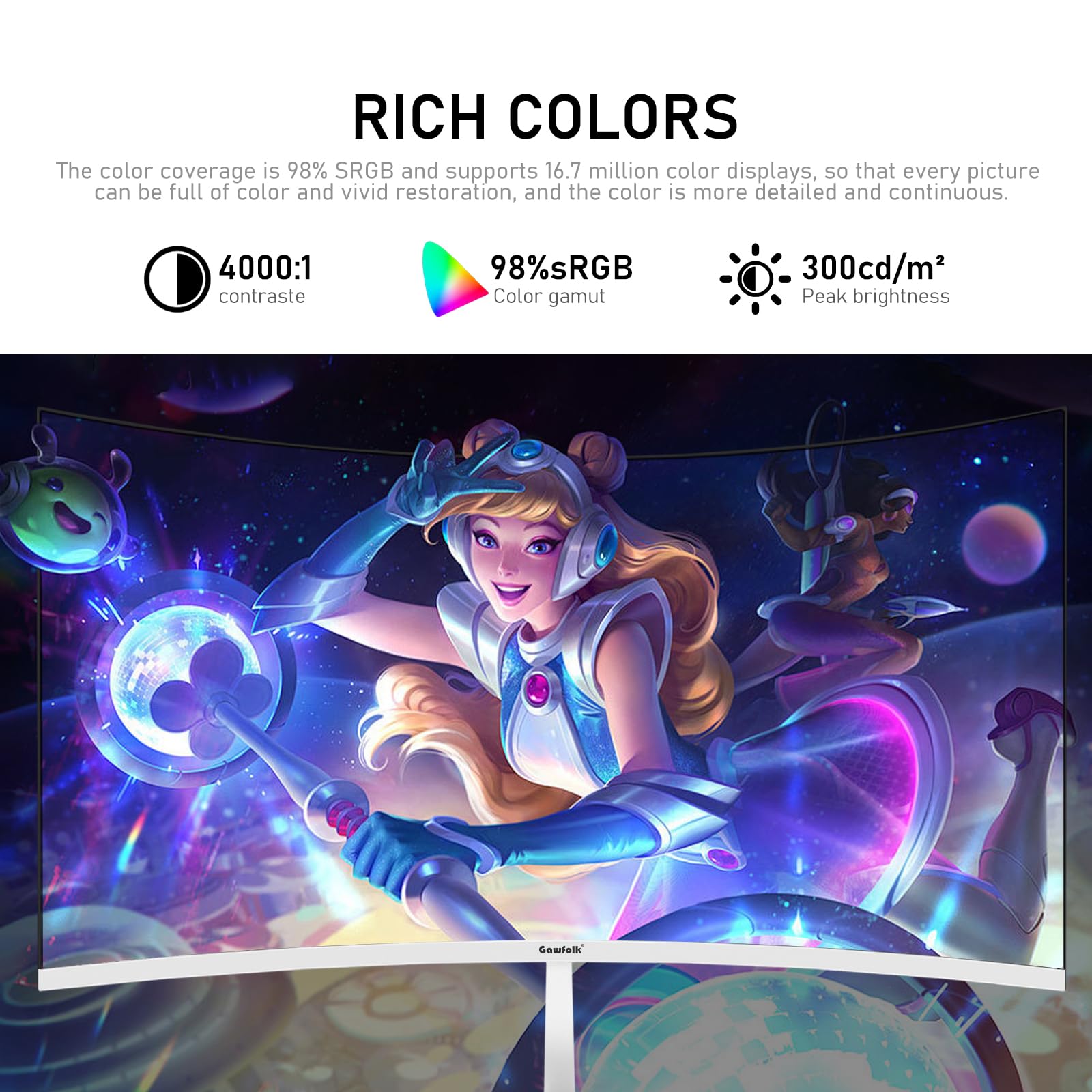 Gawfolk 27 Inch PC computer screen,1800R Curved Gaming 200Hz Monitors, FHD1080p,1ms,Built-in speaker, freesync, 98%sRGB,178 ° Angle View,HDMI DisplayPort, Compatible with Wall-Mounted 100*100MM-White — view 5