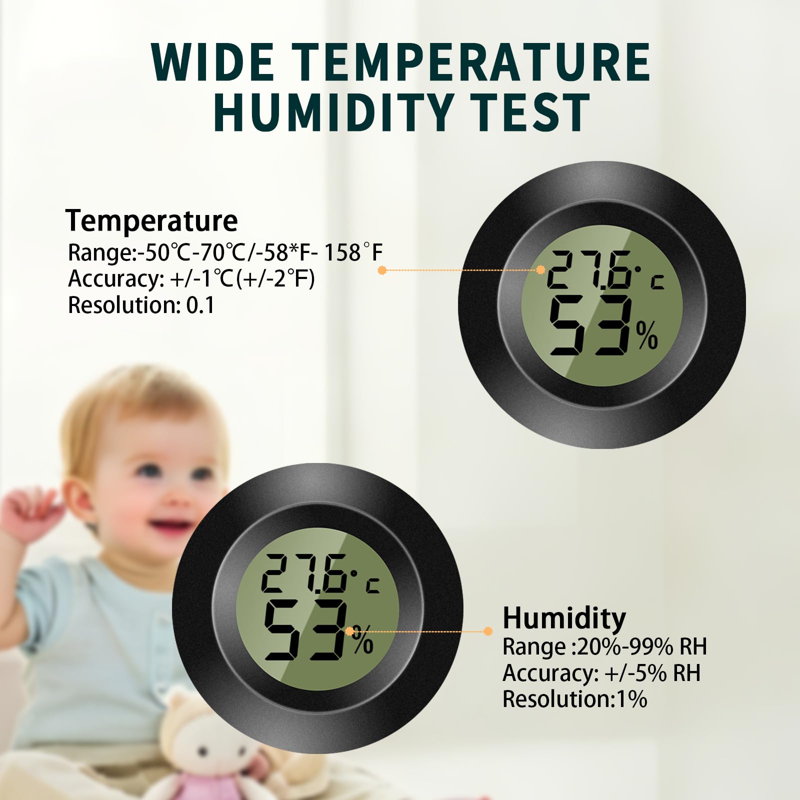 Lot de 5 thermomètres hygromètres numériques ronds, capteurs humidité et température, pour intérieur, serres, terrariums, valises de guitare, caves à cigares, incubateurs et verre