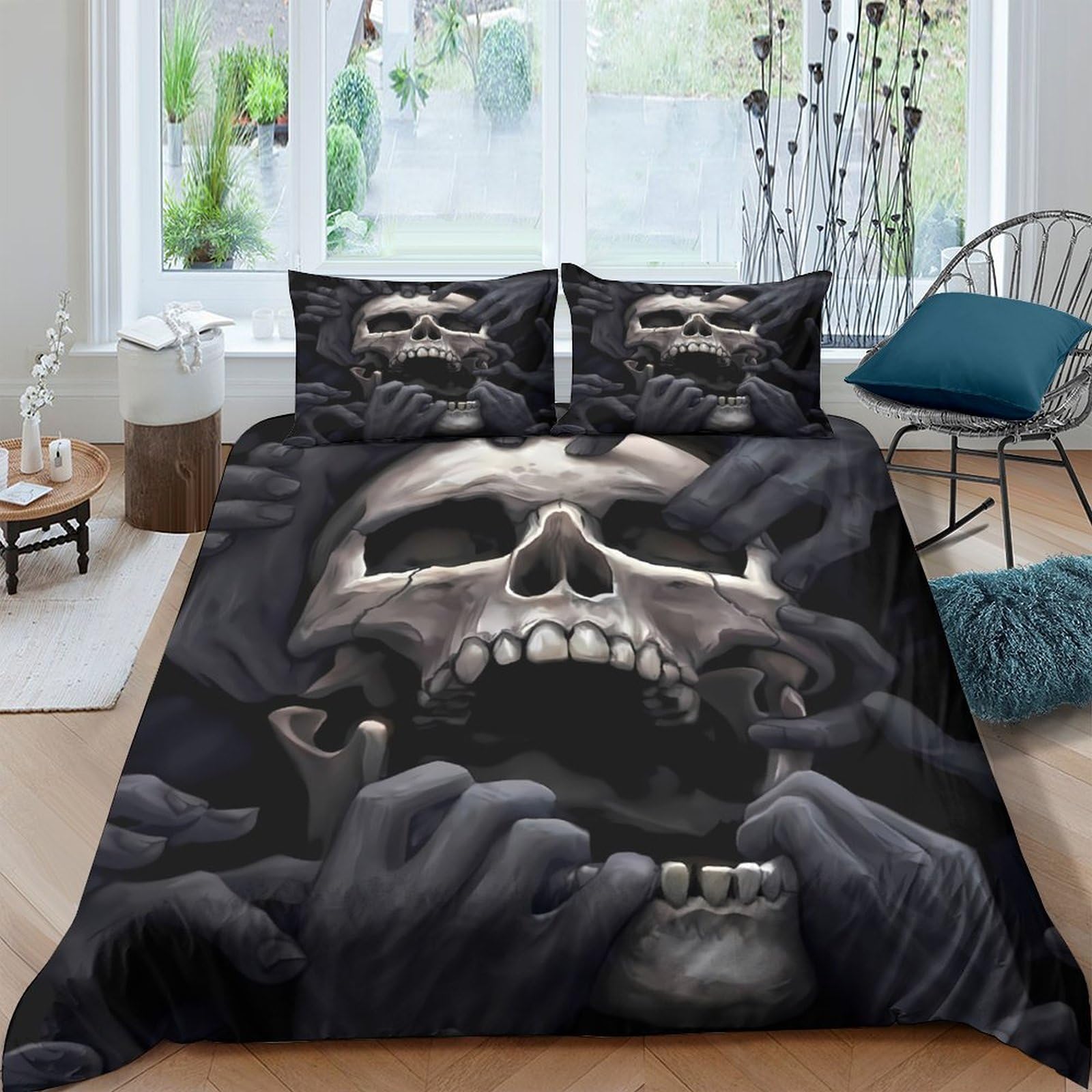 Unrxjzlvm Style-1 Skull 3D Duvet Cover Microfiber Gothic Teen Bedroom