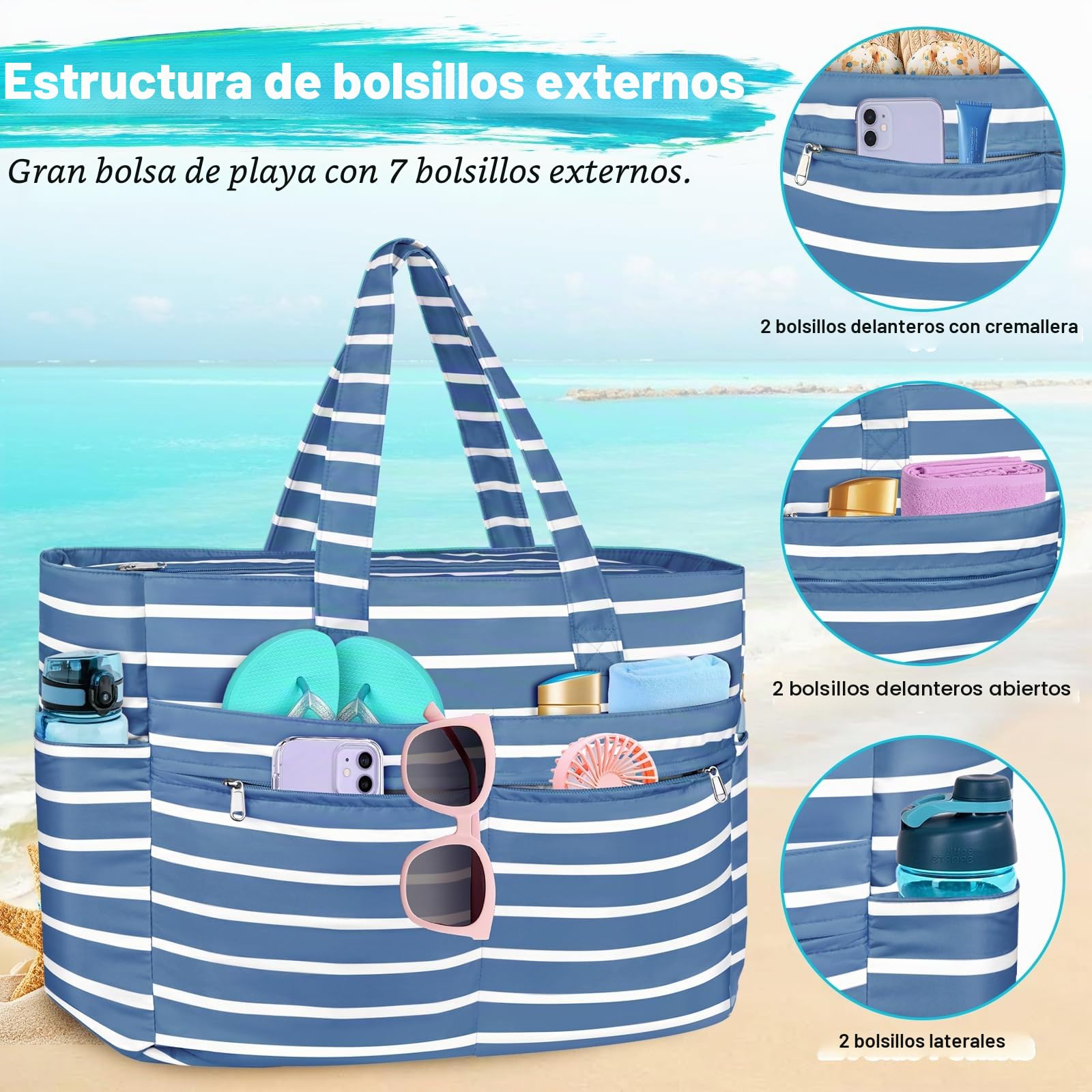Bolsa de Playa Grande Mujer Impermeable con Cremallera Bolso Playa Grande XXL Familiar 50L Plegable y Ligero Bolsa de Mano con Múltiples Bolsa Tote para Playa Viajes Piscina