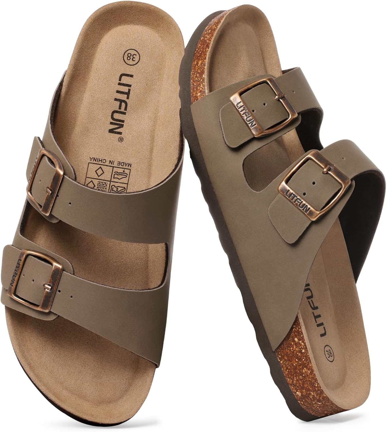 Litfun Unisex Cork Footbed Sandal Summer Slip On Slide Sandals with Adjustable Buckle for Women Men