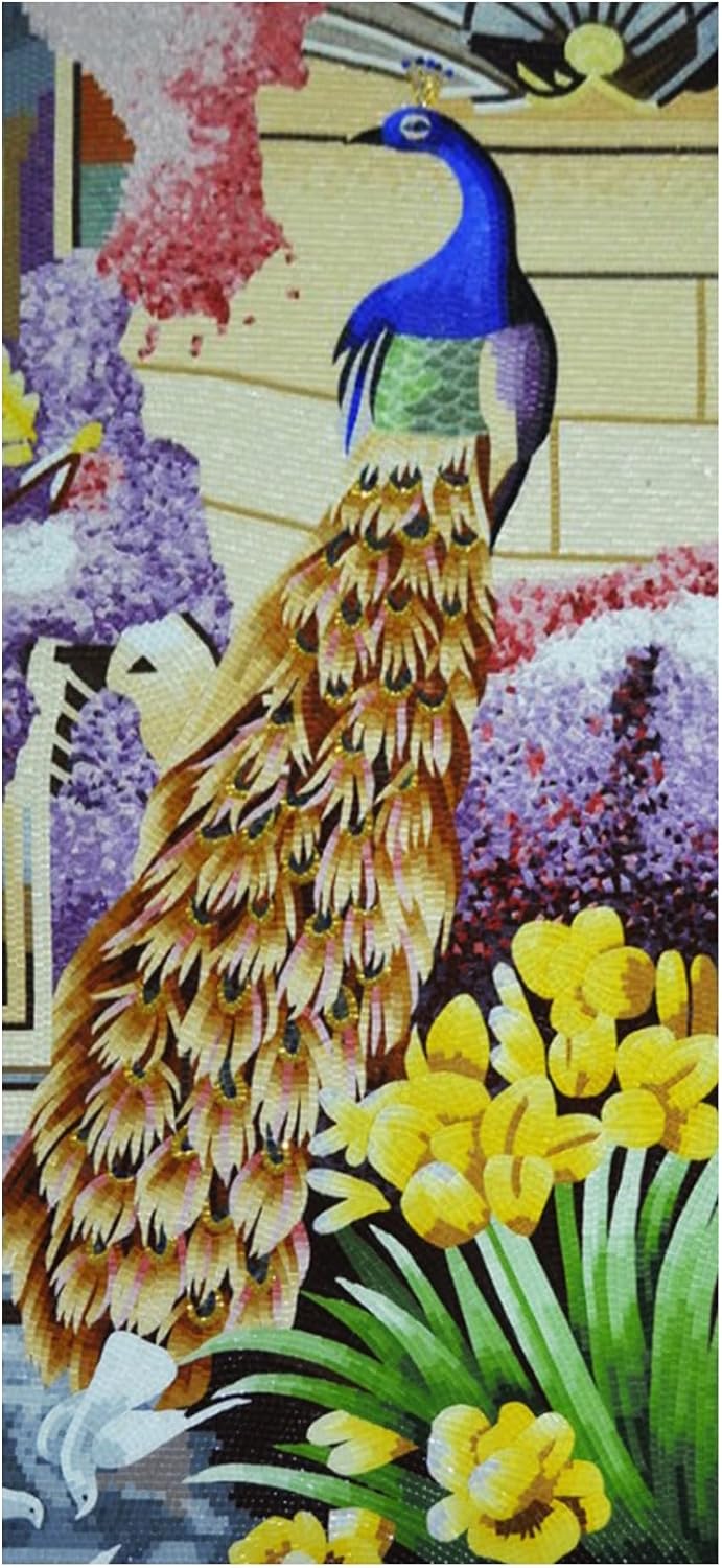 Proud Peacock Mosaic Mural | Beautiful Marble Mosaics | Custom Mosaic By Mosaics Lab | Handmade Marble | This Masterpiece Is Great As Wall Art | Perfect For Any Office, Living Room.