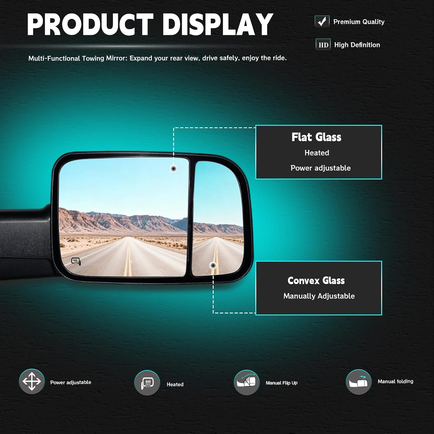 Tow Mirrors Compatible with 1994 1995 1996 1997 Dodge Ram 1500 2500 3500 Extended Trailer Towing Mirrors Power Heated LED Turn Signal Light Manual Flip Up Pickup Truck Black Pair Set Mirrors