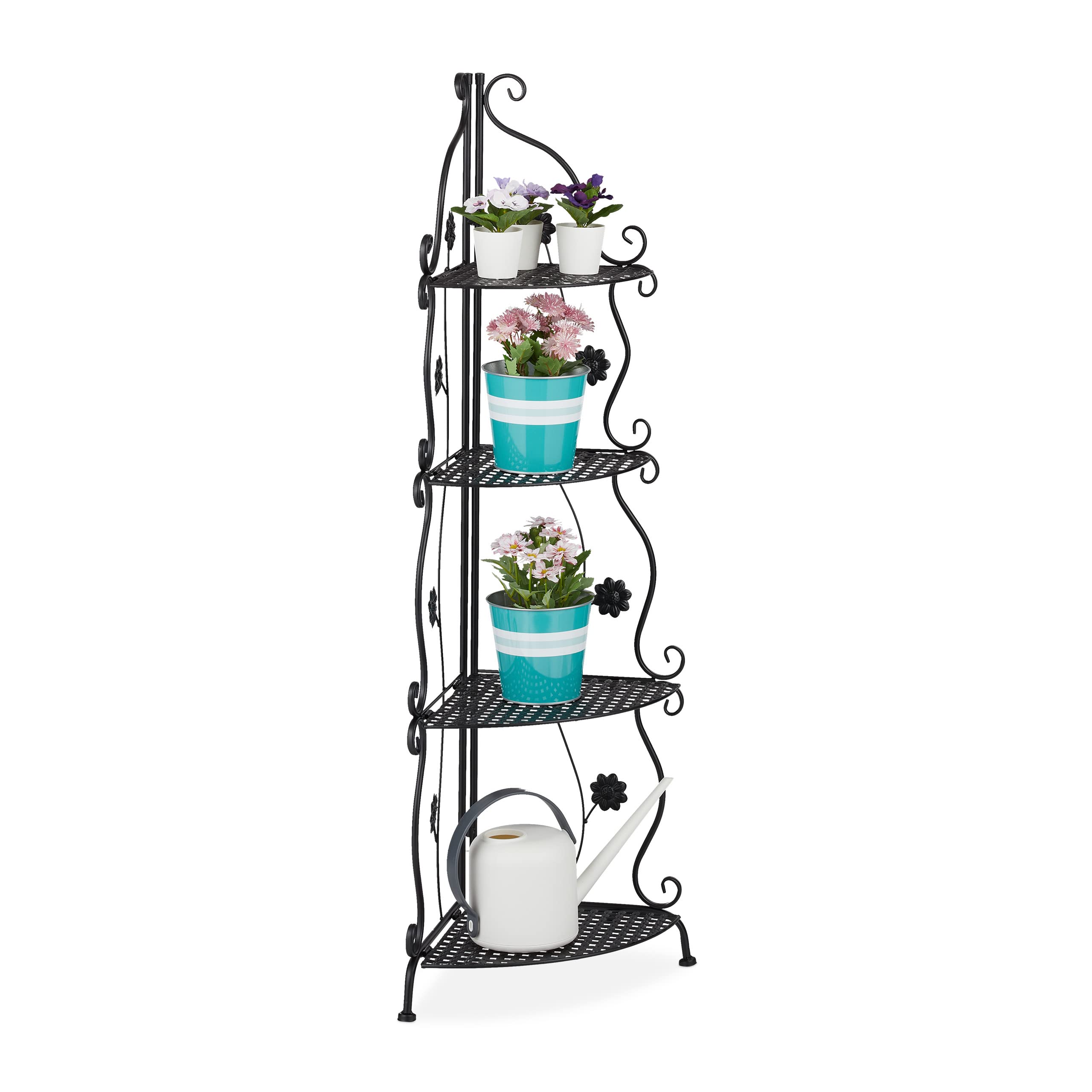 Relaxdays Scaffale Portafiori in Metallo, Fioriera Interno ad Angolo con 4 Mensole Porta Piante, 113,5x31x31 cm, Nero