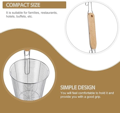 Miniatura 9 de UPKOCH Cesta de pasta de malla de acero inoxidable con mango de madera, para fideos, colador profundo para enjuagar, colar, drenar
