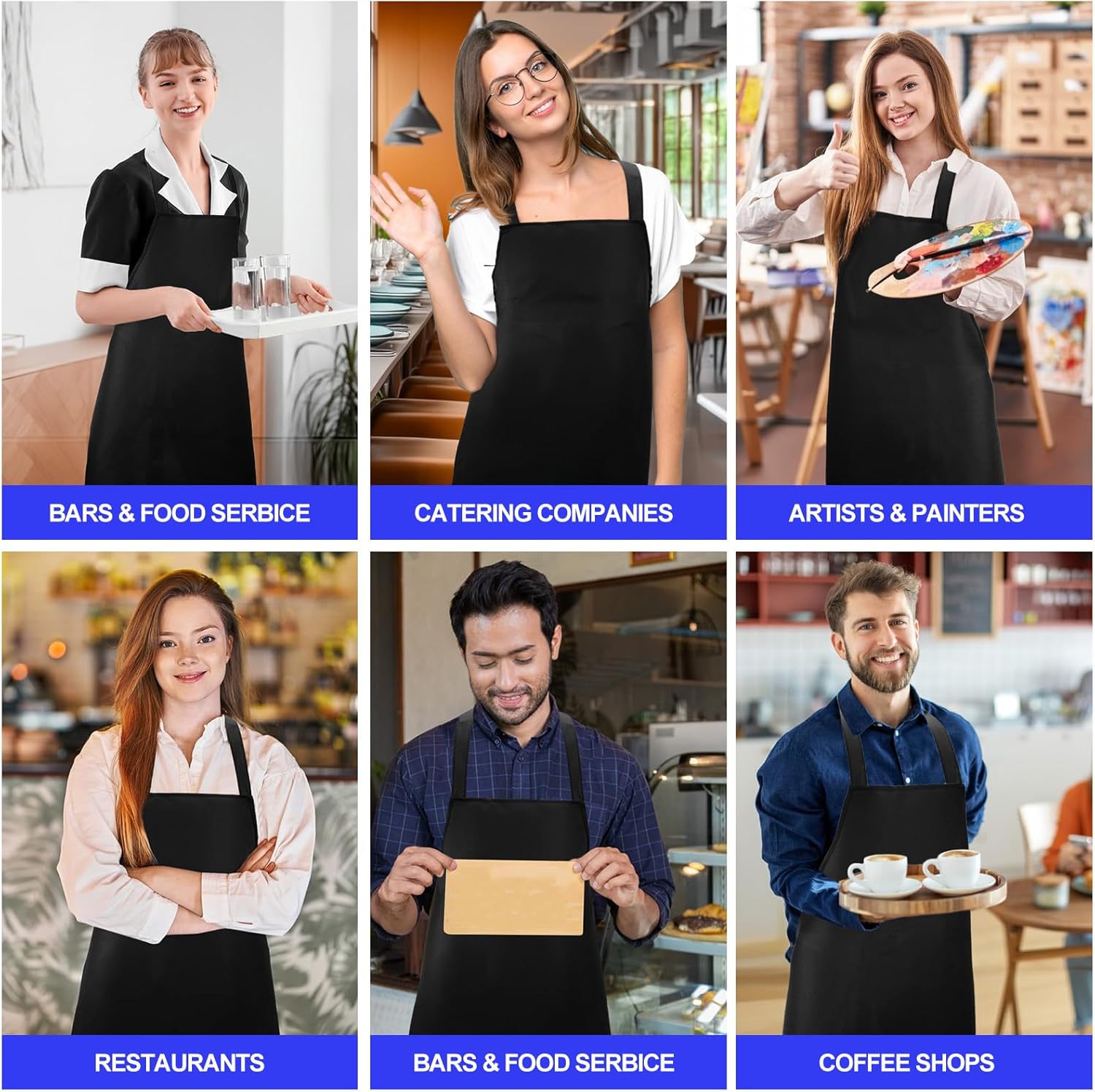Bib Aprons Unisex 6 Pack, Bulk Black Chef Apron with Extra Long Ties, without Pockets, Washable for Cooking Restaurant BBQ Painting - Image 7