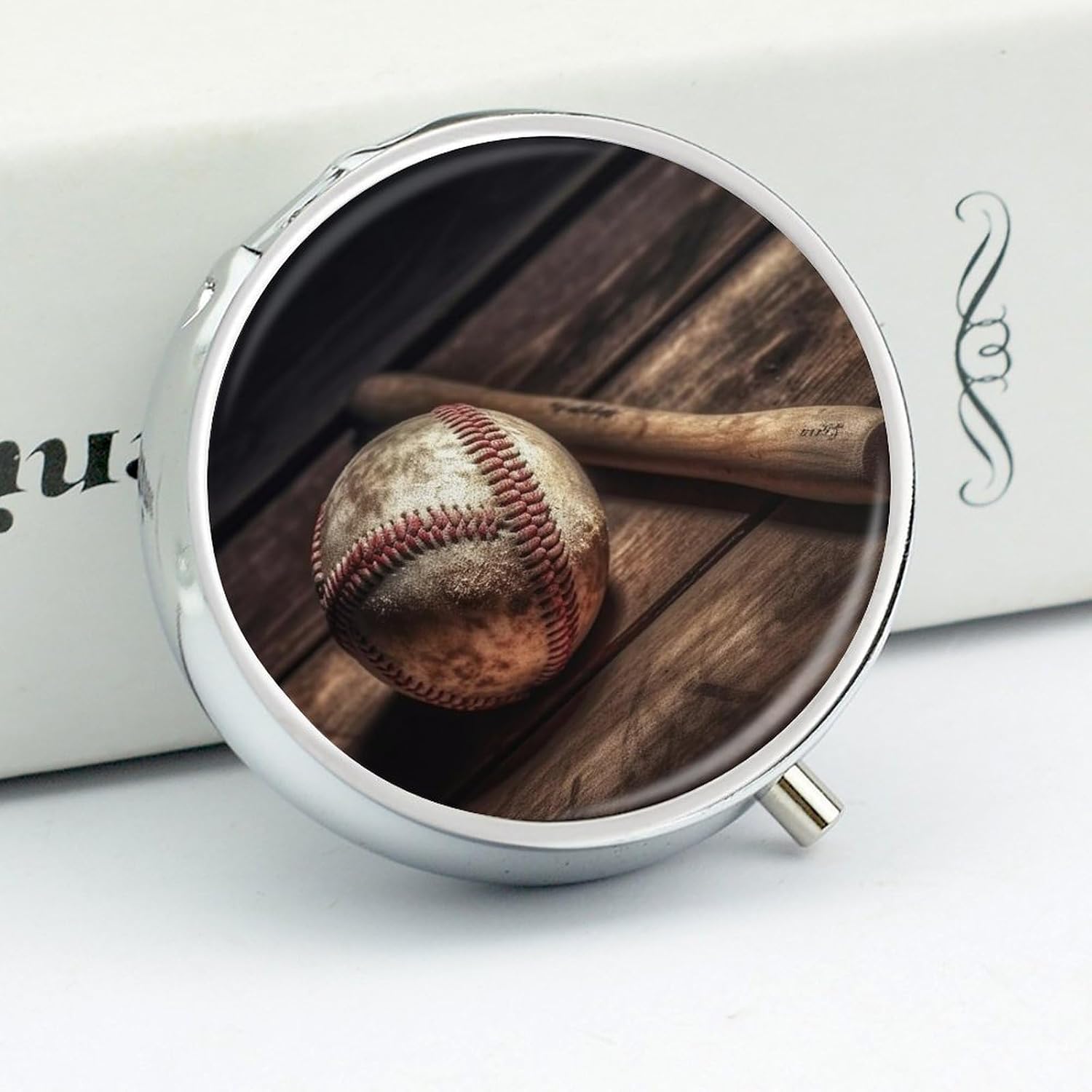 Round Daily Baseball On Wooden Pill Case with 3 Compartment & Mirror image 4