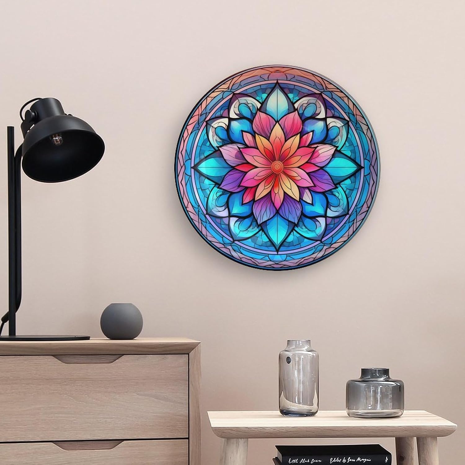 Decorative Plates for Wall Hanging, Mandala Flower Glass Painting Ceramic Plate w/Display Stand, Home Decor for Kitchen Cabinets, Farmhouse Round Tray 10 Inch, Gift for Family Friends